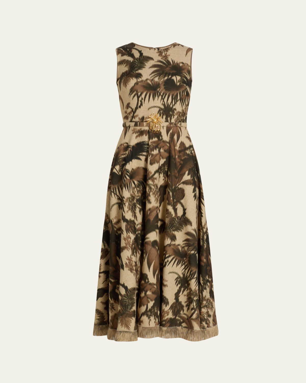 Oscar de la Renta Sleeveless Chine Palm-Print Belted Midi Dress