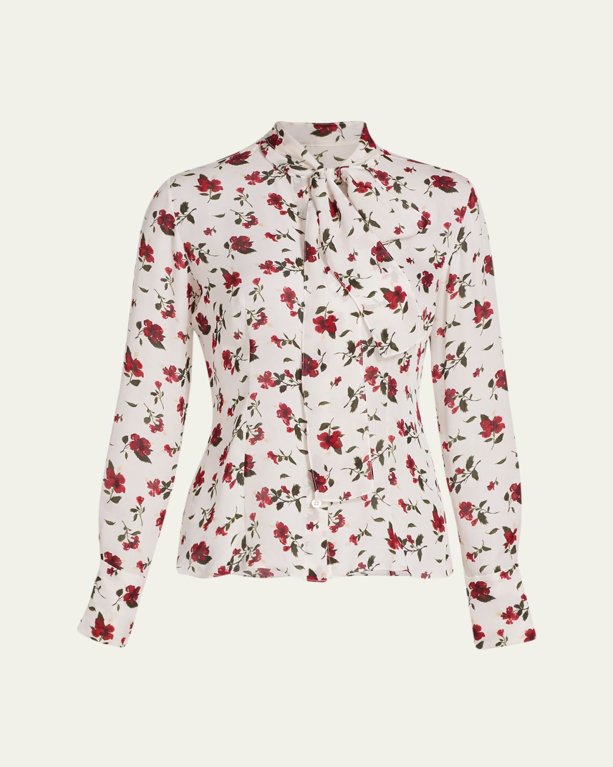 Oscar de la Renta Hibiscus-Print Silk Neck-Scarf Blouse
