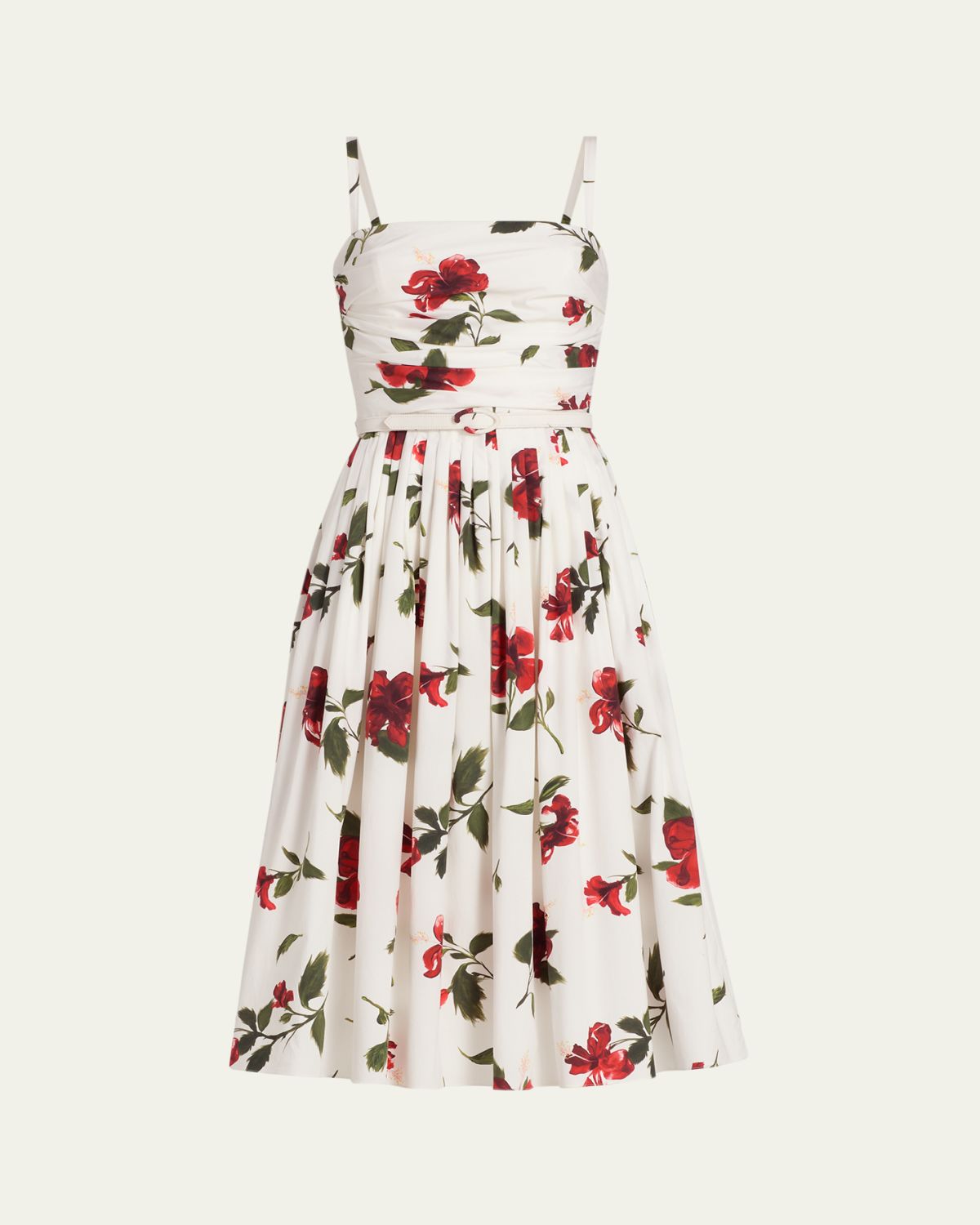 Oscar de la Renta Sleeveless Hibiscus Print Cotton Pleated Midi Dress