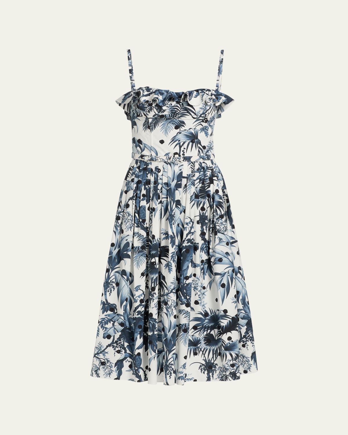 Oscar de la Renta Dotted Palm-Print Ruffle Sleeveless Midi Dress With Belt | Thumbnail 6 Oscar de la Renta Dotted Palm-Print Ruffle Sleeveless Midi Dress With Belt | Thumbnail 6