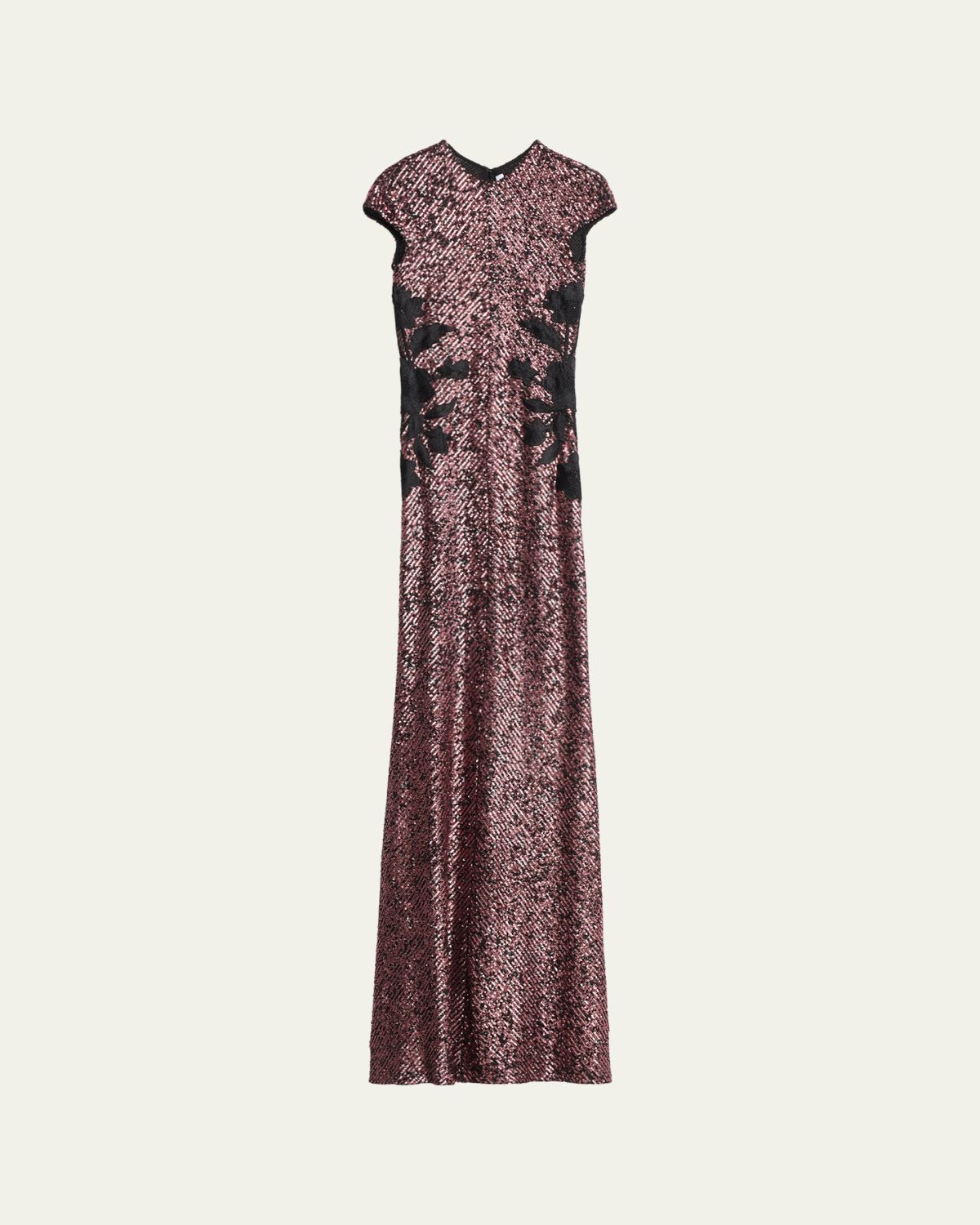 Naeem Khan Floral Applique Short-Sleeved Sequin Gown | Thumbnail 6