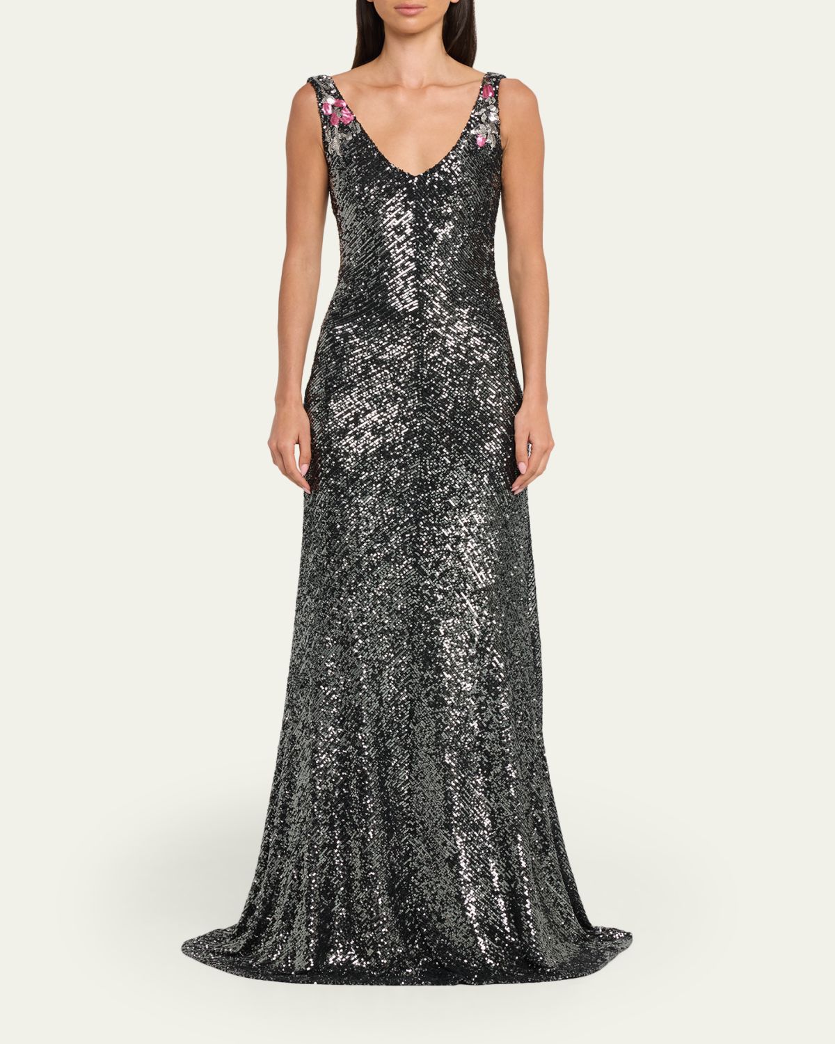 Naeem Khan Floral Applique Stretch Sequin V-Neck Gown | Thumbnail 2