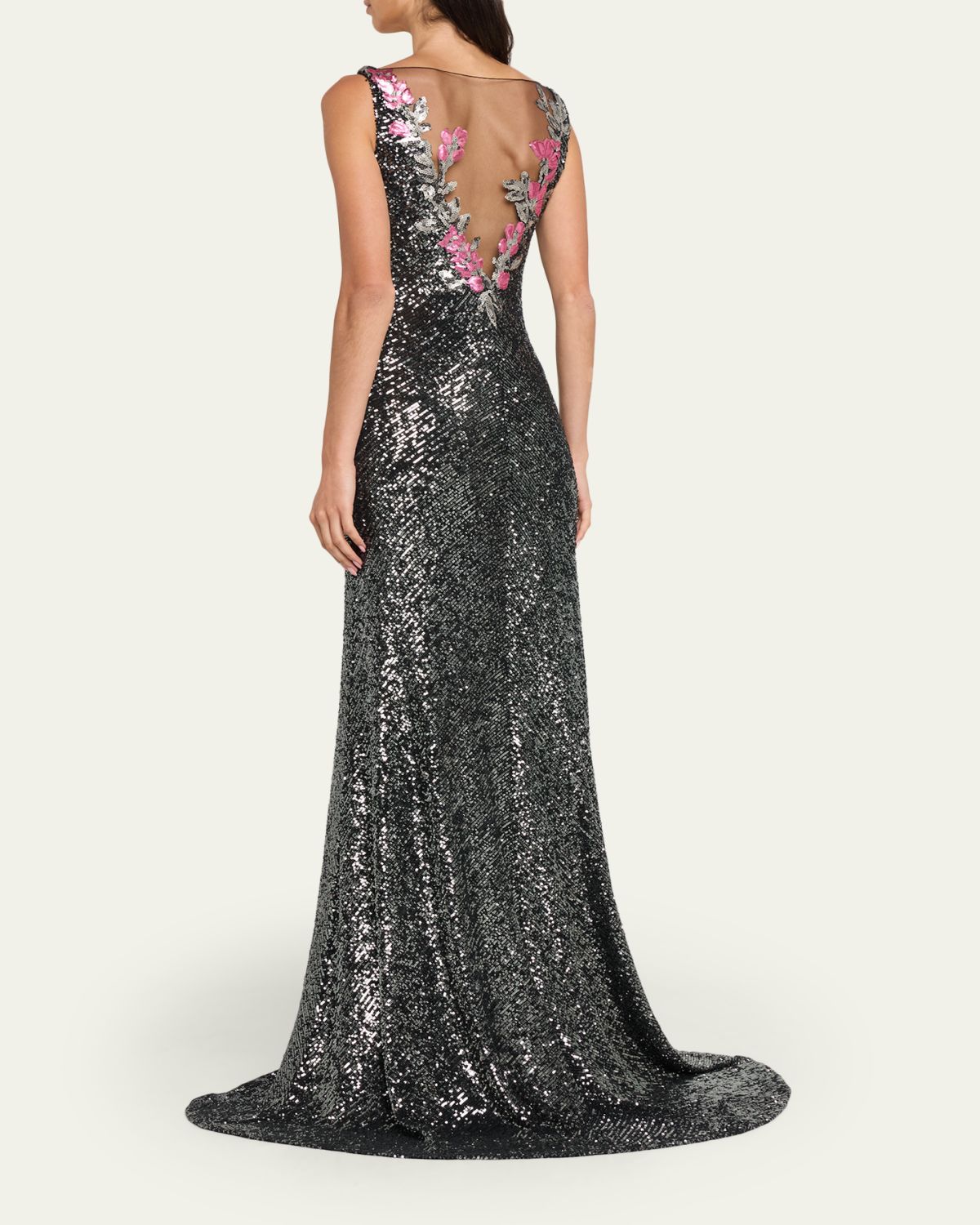 Naeem Khan Floral Applique Stretch Sequin V-Neck Gown | Thumbnail 3