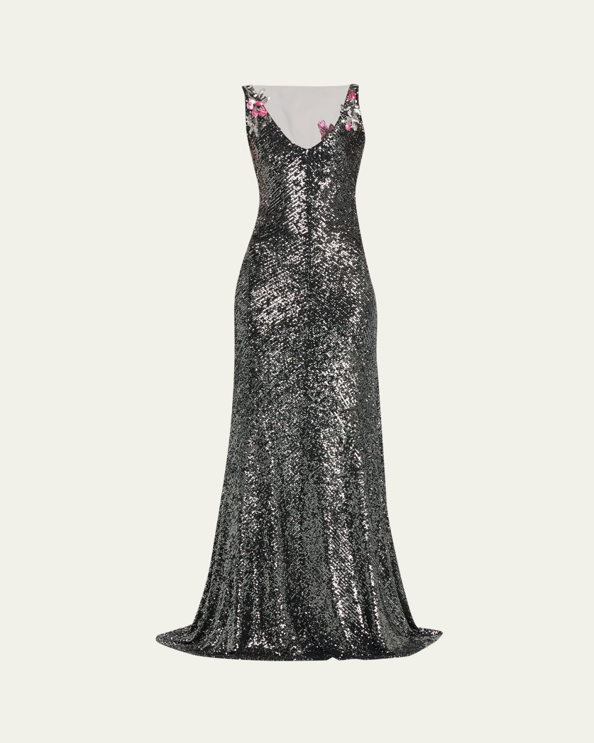 Naeem Khan Floral Applique Stretch Sequin V-Neck Gown