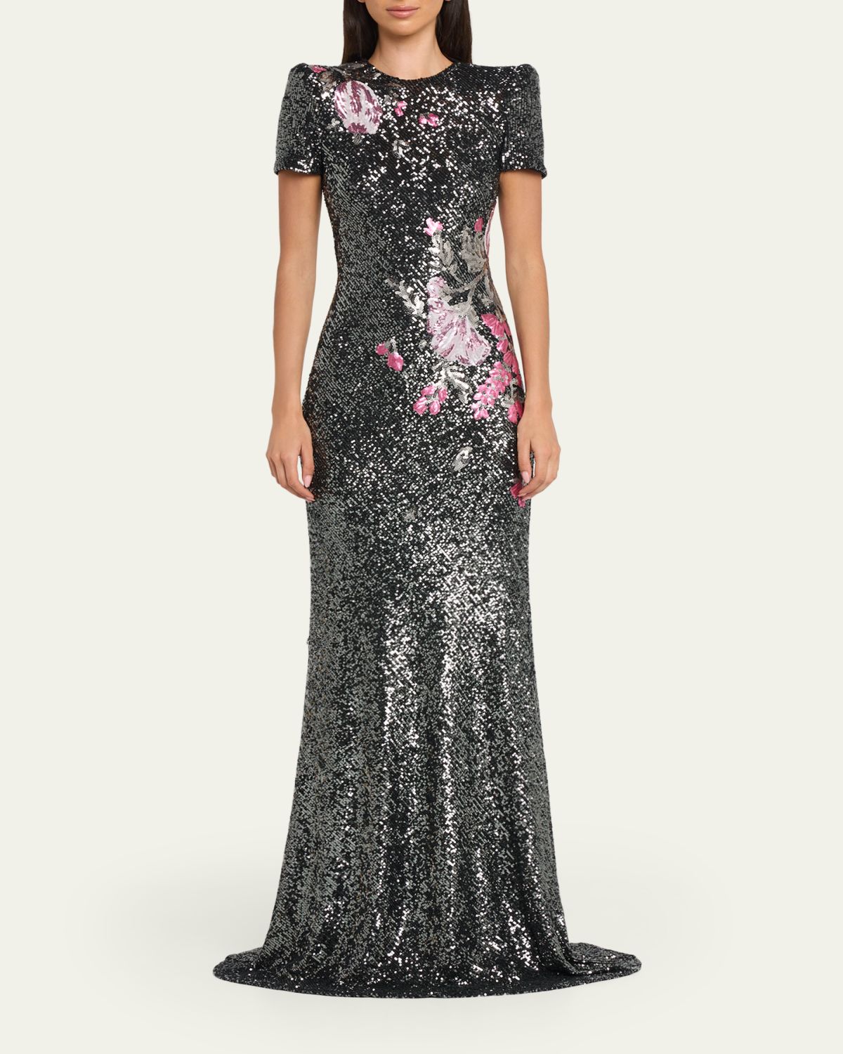 Naeem Khan Floral Applique Stretch Sequin Cap-Sleeve Gown | Thumbnail 2 Naeem Khan Floral Applique Stretch Sequin Cap-Sleeve Gown | Thumbnail 2