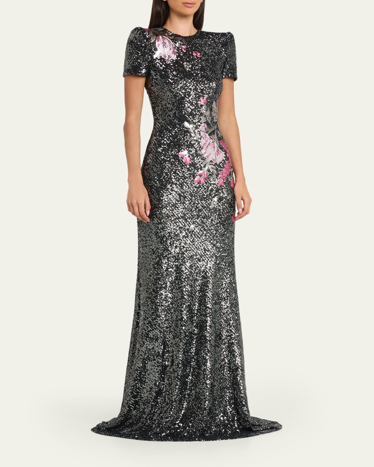 Naeem Khan Floral Applique Stretch Sequin Cap-Sleeve Gown | Thumbnail 4 Naeem Khan Floral Applique Stretch Sequin Cap-Sleeve Gown | Thumbnail 4