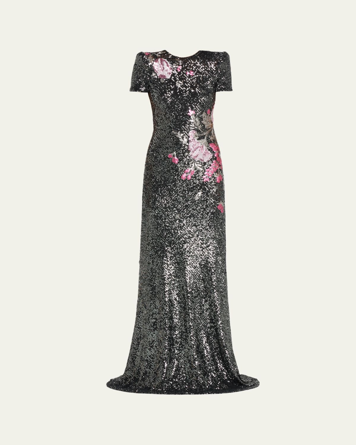 Naeem Khan Floral Applique Stretch Sequin Cap-Sleeve Gown