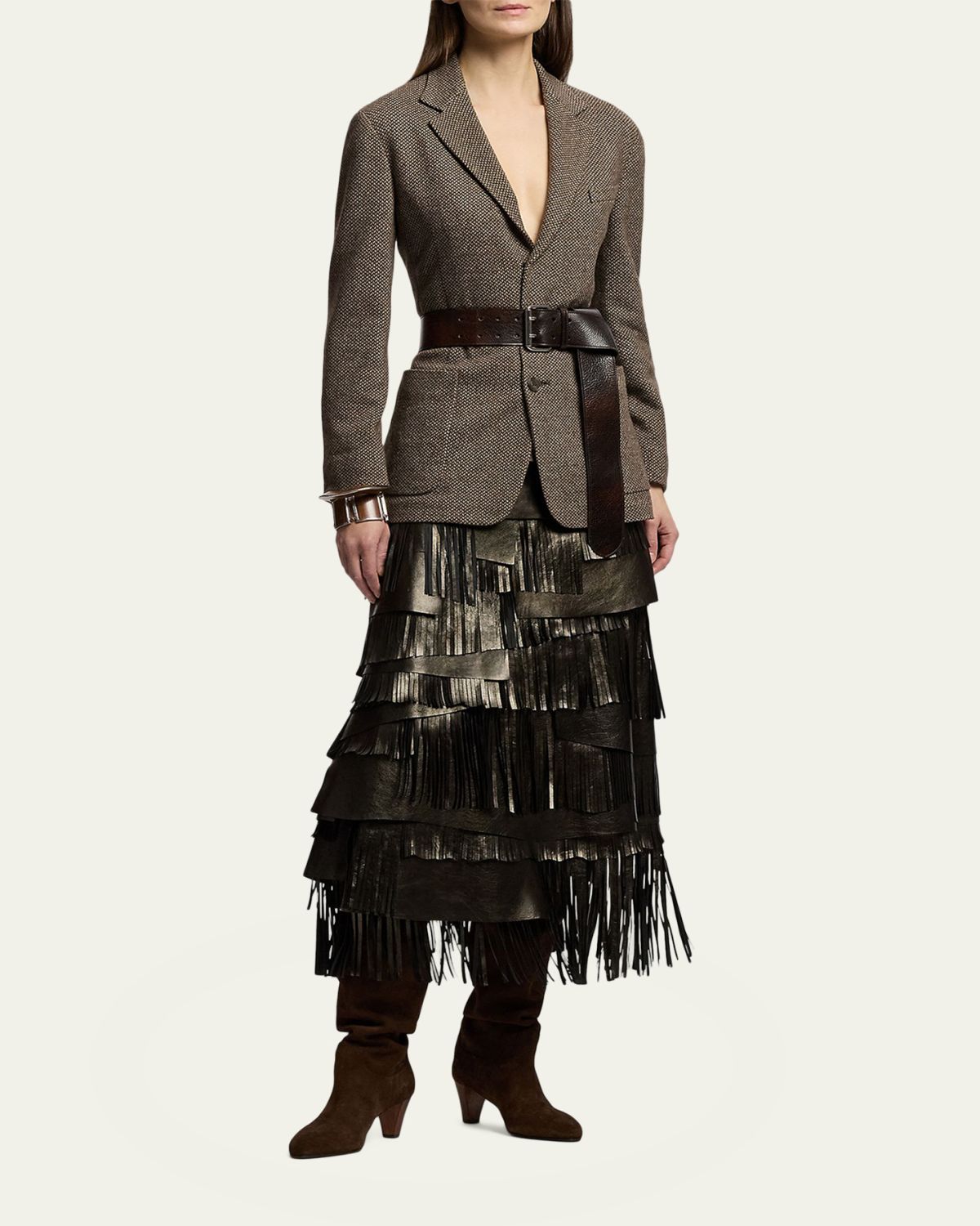 Ralph Lauren Collection Metallic Leather Tiered Fringe Midi Skirt | Thumbnail 2