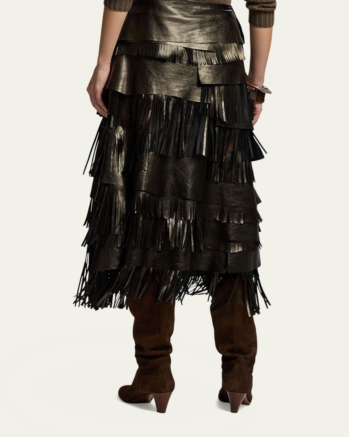 Ralph Lauren Collection Metallic Leather Tiered Fringe Midi Skirt | Thumbnail 3