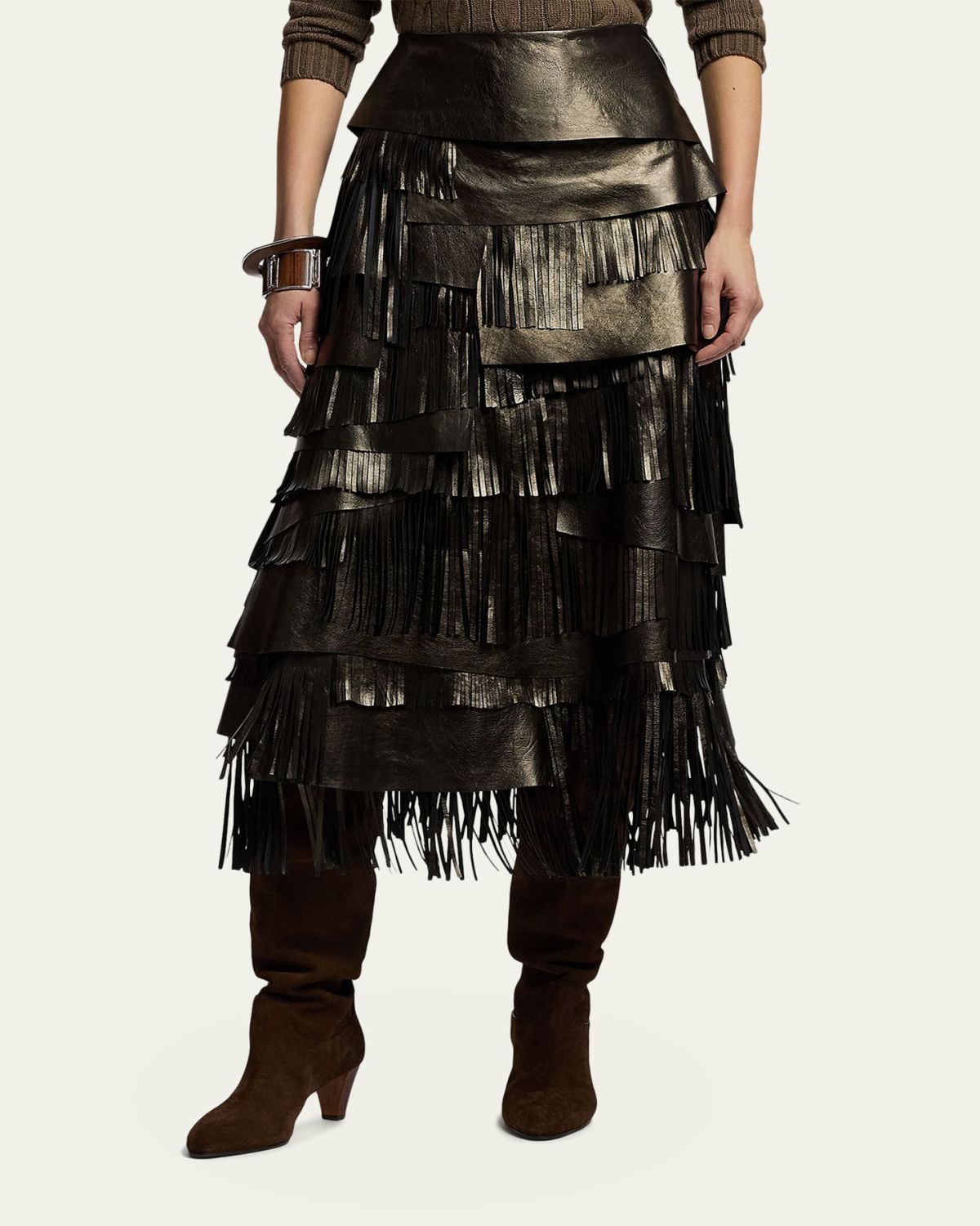 Ralph Lauren Collection Metallic Leather Tiered Fringe Midi Skirt | Thumbnail 4