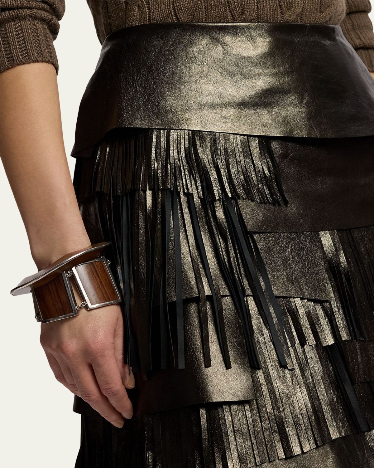 Ralph Lauren Collection Metallic Leather Tiered Fringe Midi Skirt | Thumbnail 5