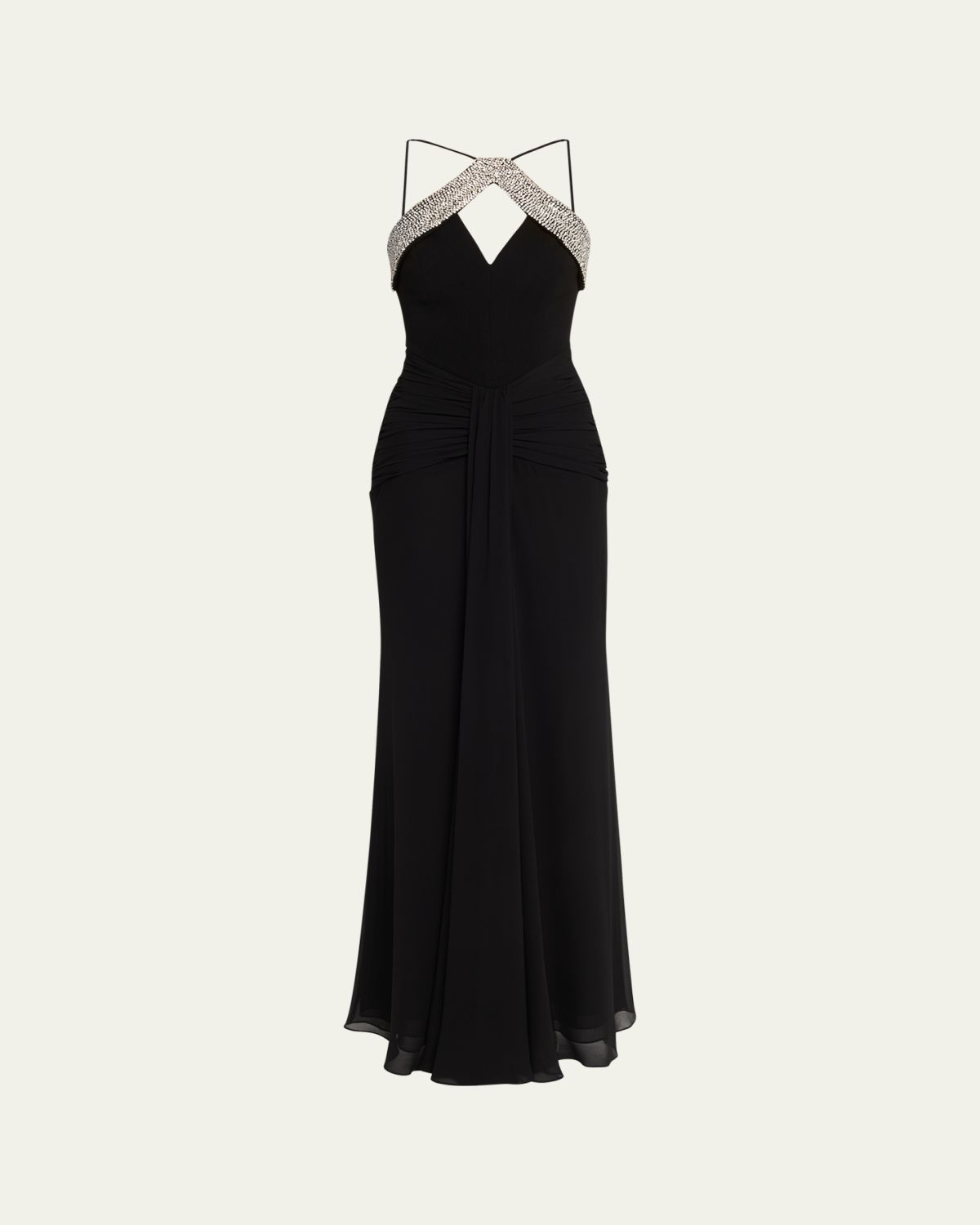 REBECCA VALLANCE Astros Draped Crystal-Trim Halter Gown