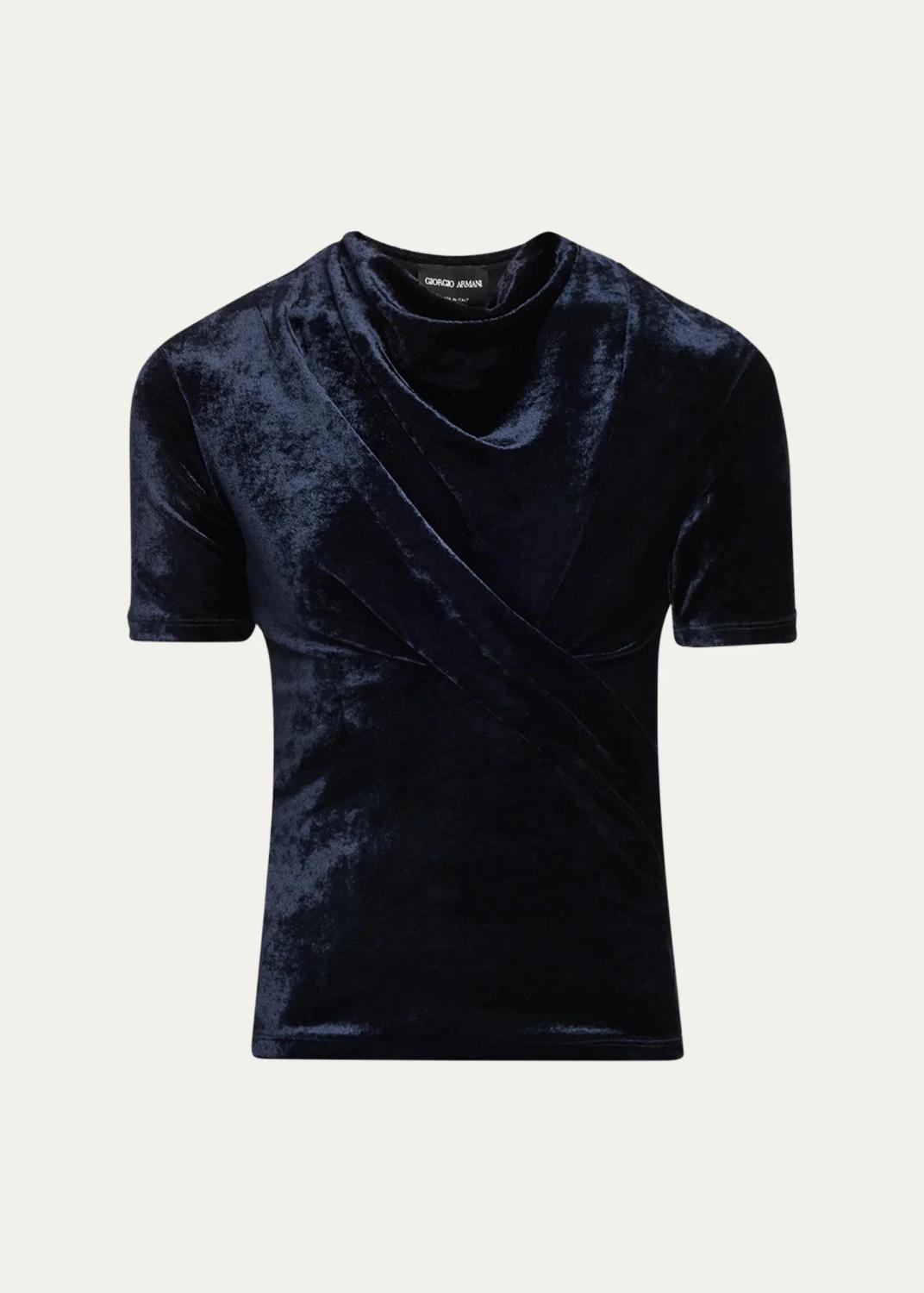 Cowl-Neck Draped Velvet Short-Sleeve Top Cowl-Neck Draped Velvet Short-Sleeve Top