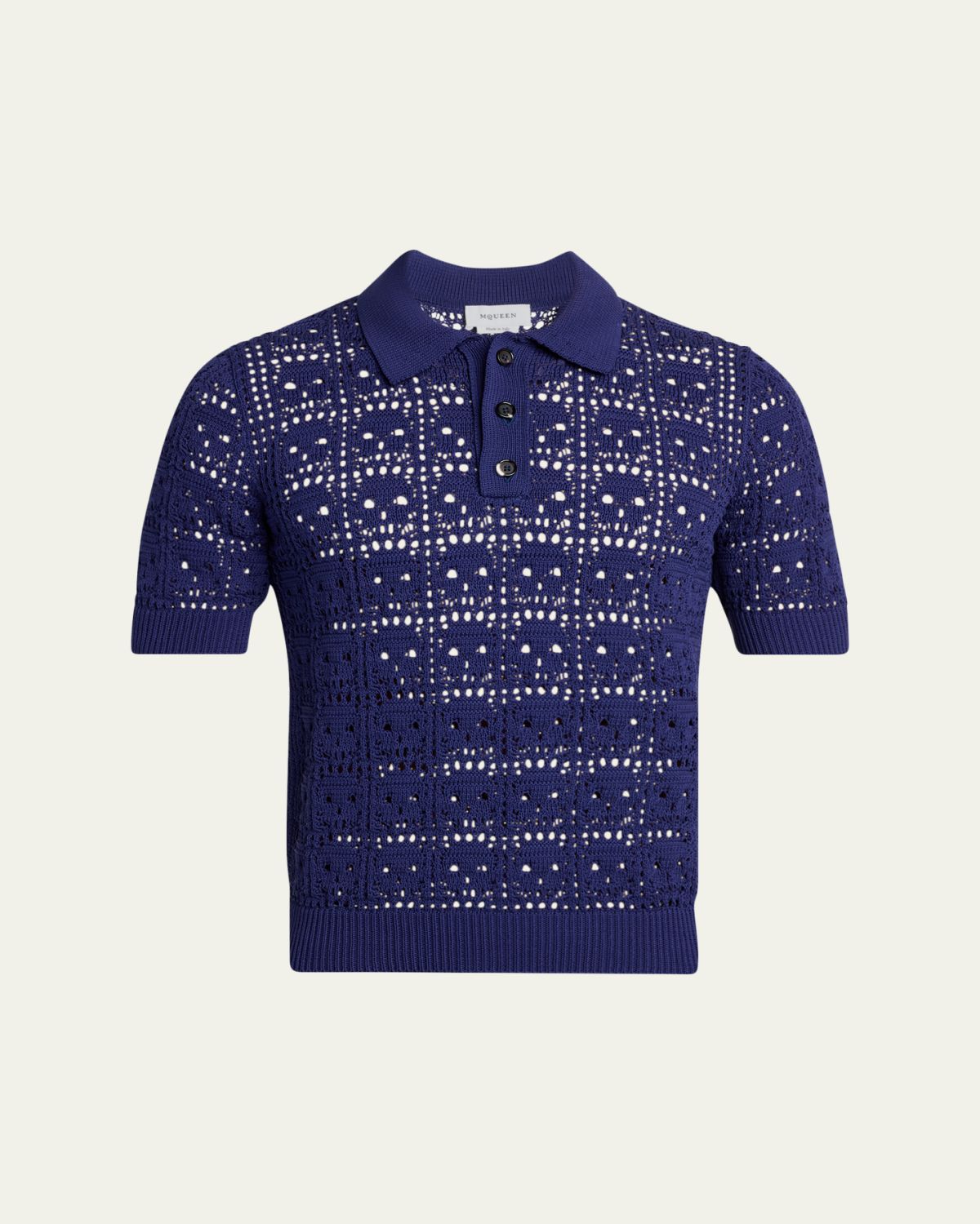 McQueen Men's Cotton Crochet Skull Openwork Short-Sleeve Polo Sweater | Thumbnail 6 McQueen Men's Cotton Crochet Skull Openwork Short-Sleeve Polo Sweater | Thumbnail 6