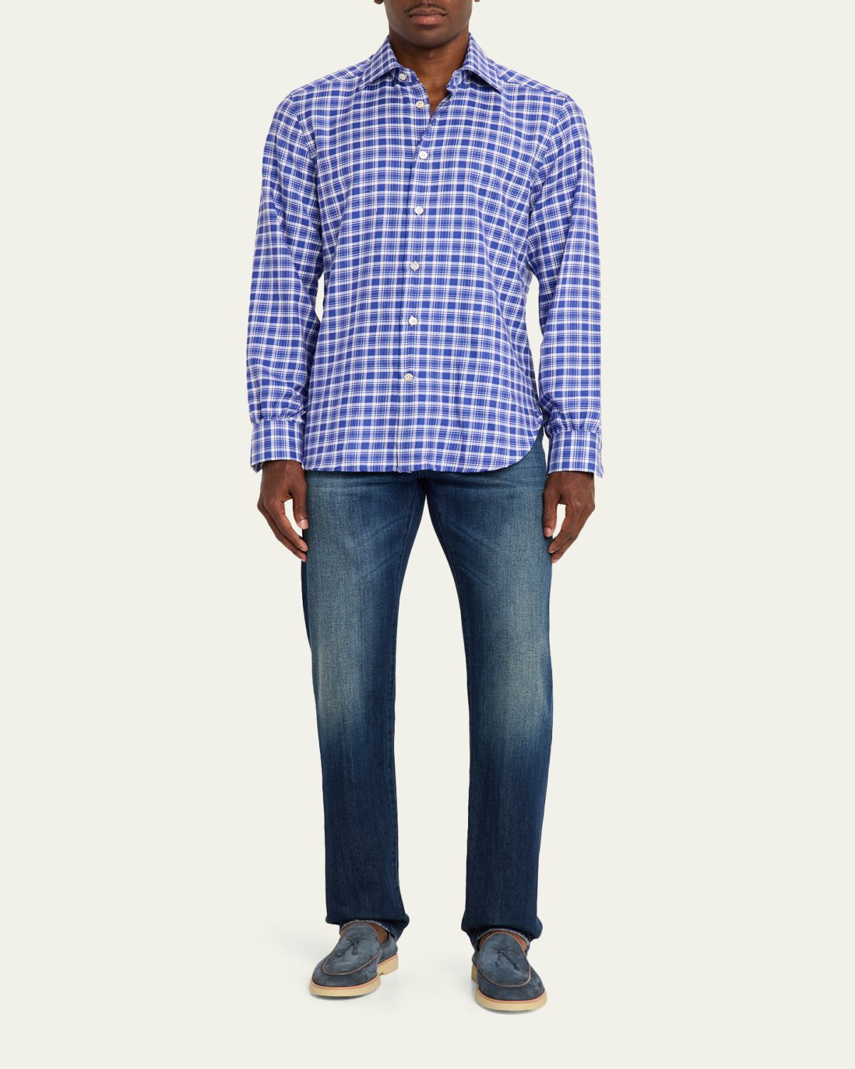 Kiton Men's Cotton and Cashmere Plaid Button-Down Shirt | Thumbnail 2