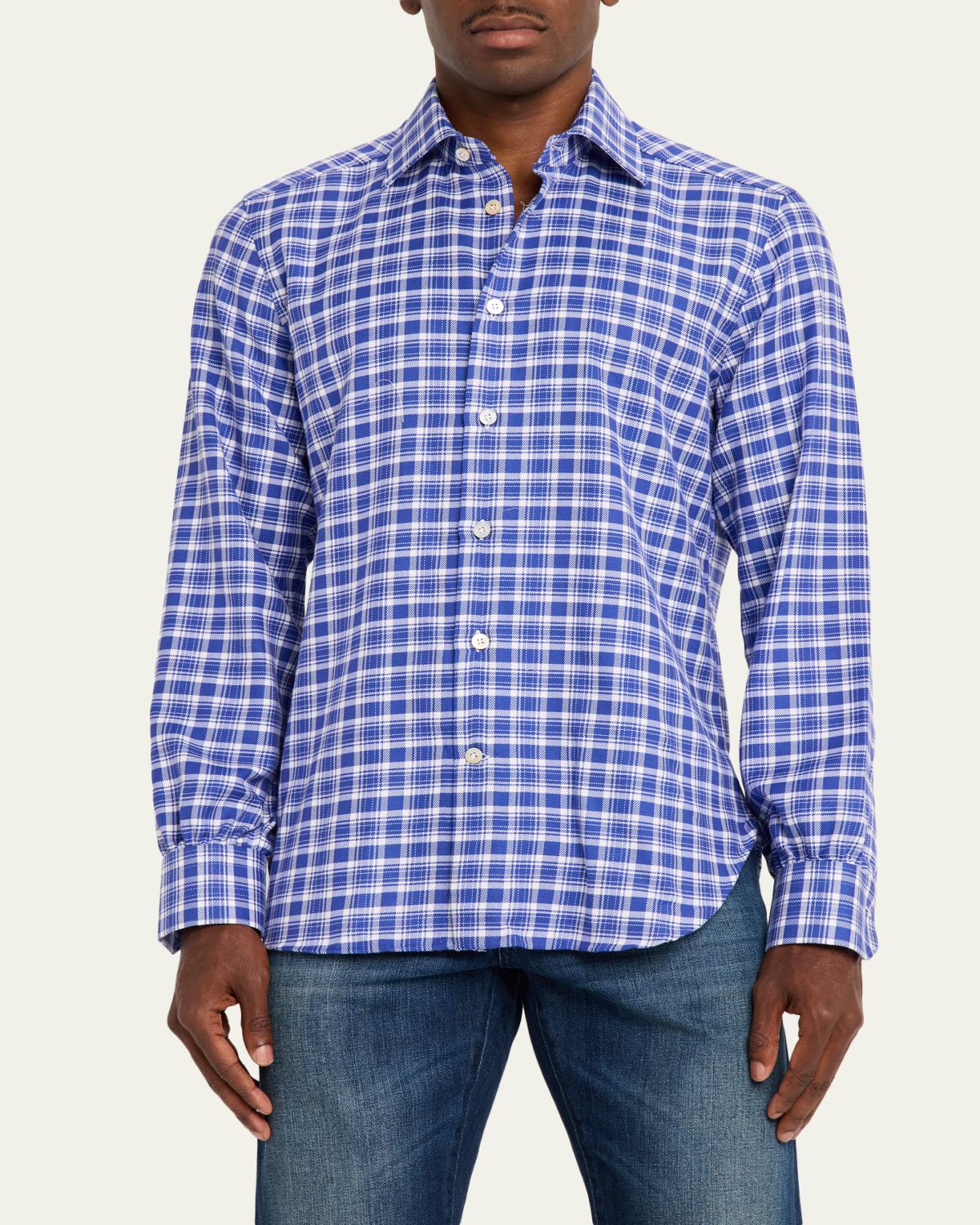 Kiton Men's Cotton and Cashmere Plaid Button-Down Shirt | Thumbnail 4