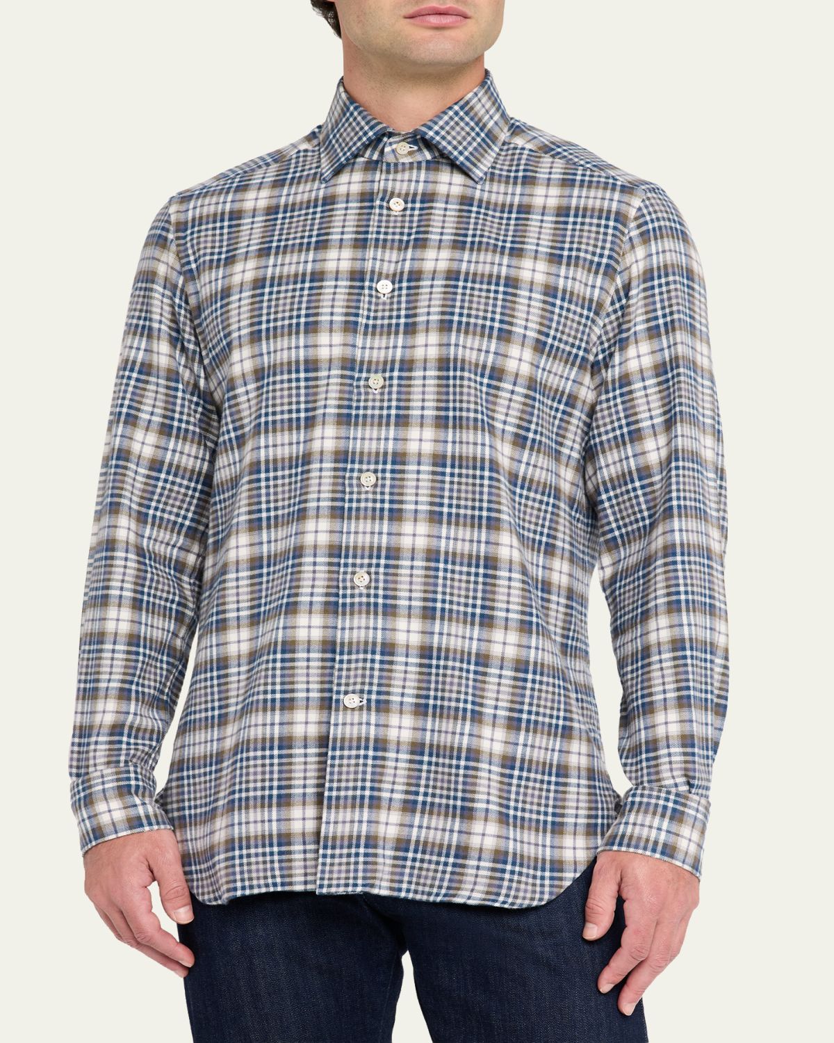 Kiton Men's Cotton Plaid Classic Fit Button-Down Shirt | Thumbnail 4 Kiton Men's Cotton Plaid Classic Fit Button-Down Shirt | Thumbnail 4