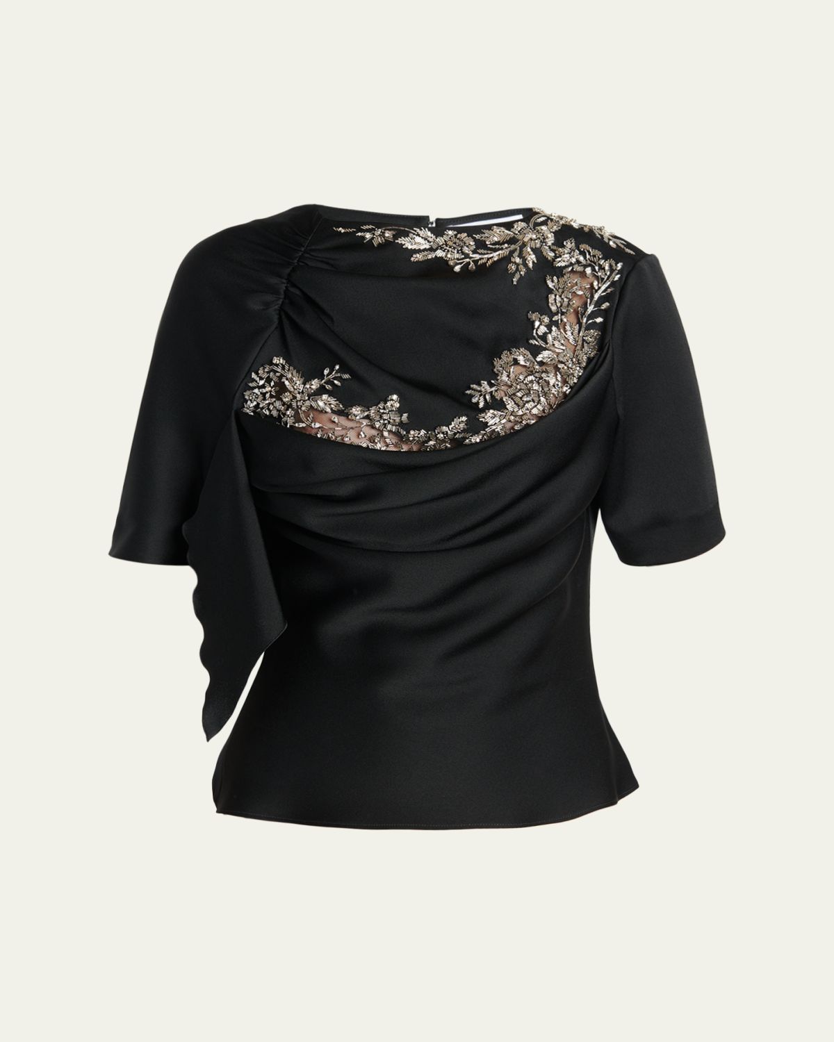 McQueen Embroidered Lace Draped Silk Top