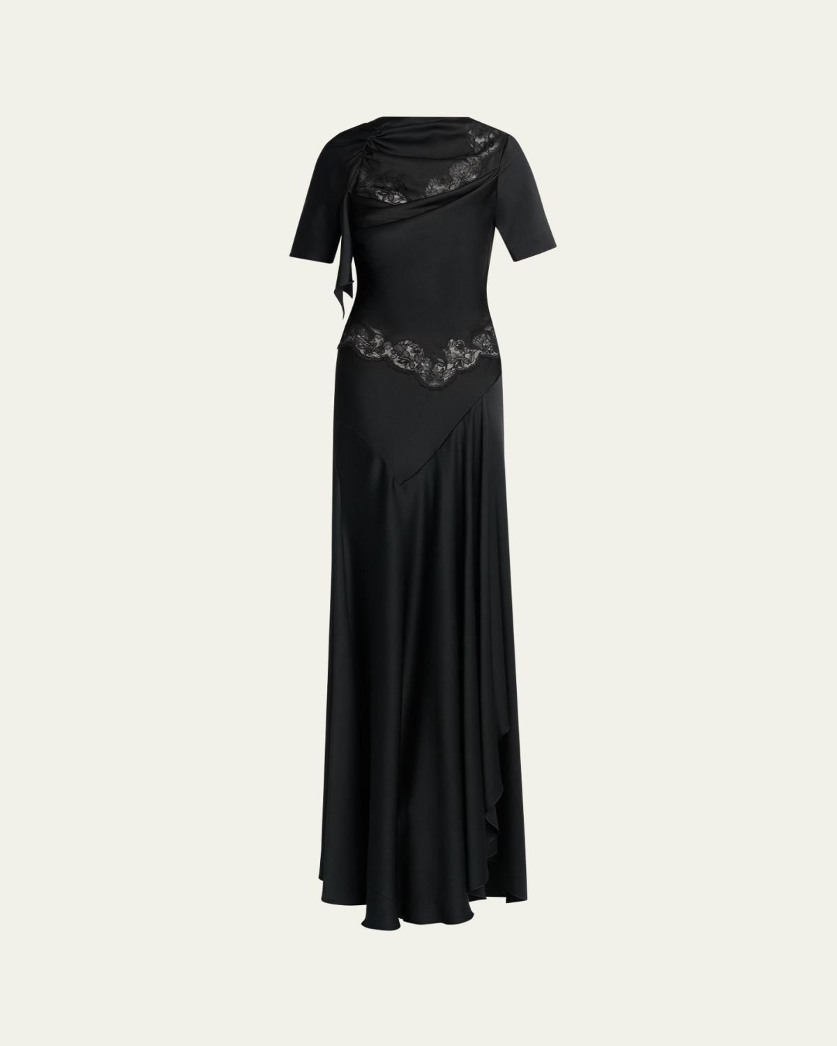 McQueen Lace-Inset Draped Satin Evening Dress