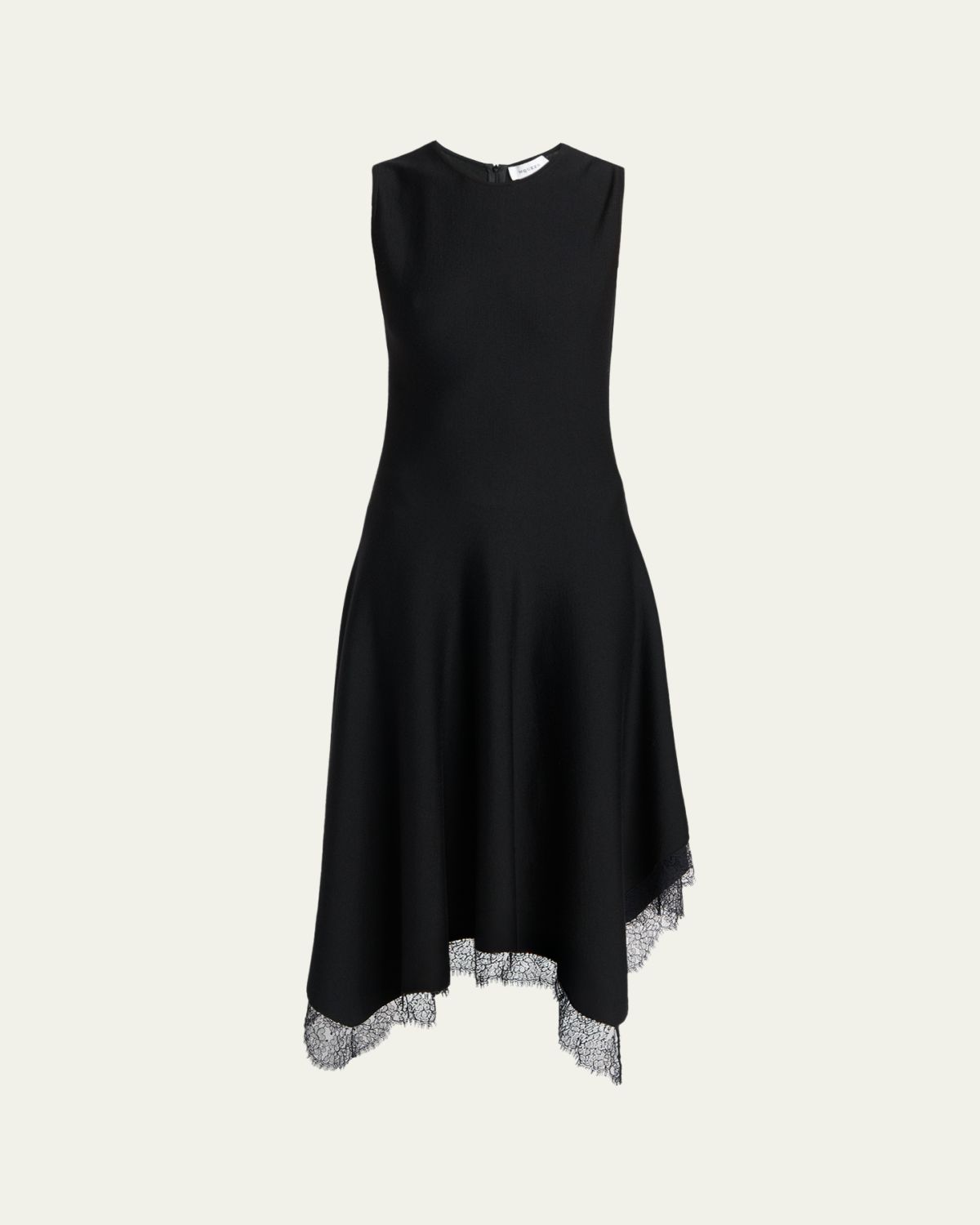 McQueen Sleeveless Lace-Trim Asymmetric Handkerchief Midi Dress