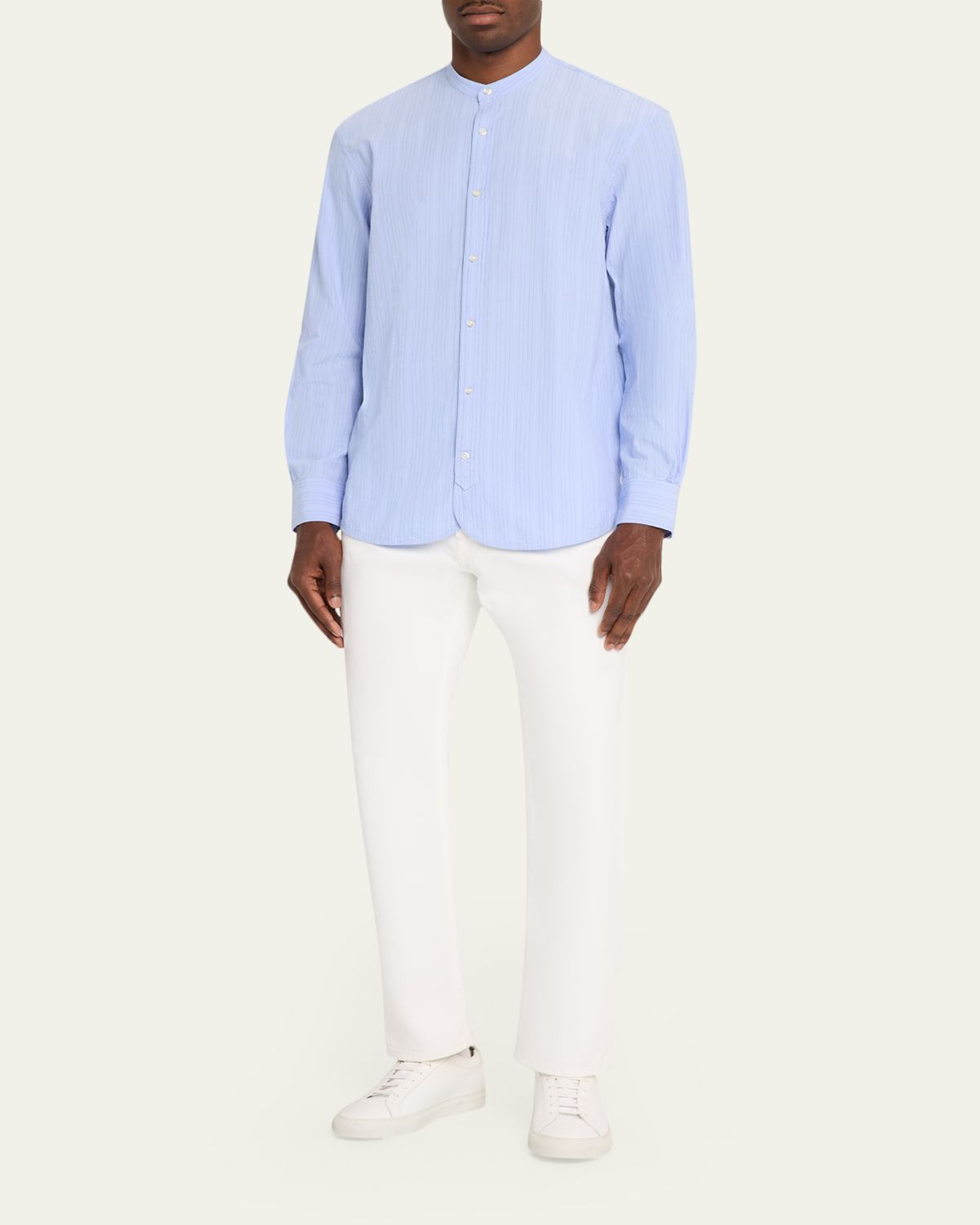 Officine Generale Men's Organic Cotton Stripe Band Collar Sport Shirt | Thumbnail 2 Officine Generale Men's Organic Cotton Stripe Band Collar Sport Shirt | Thumbnail 2
