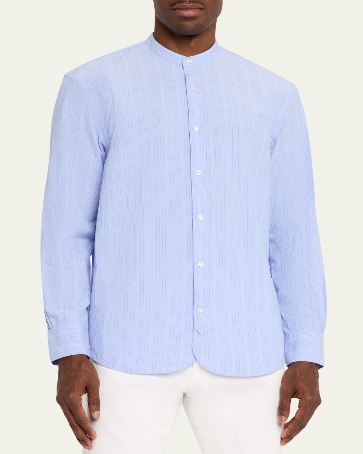 Officine Generale Men's Organic Cotton Stripe Band Collar Sport Shirt | Thumbnail 4 Officine Generale Men's Organic Cotton Stripe Band Collar Sport Shirt | Thumbnail 4