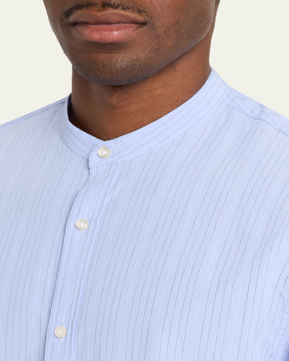 Officine Generale Men's Organic Cotton Stripe Band Collar Sport Shirt | Thumbnail 5 Officine Generale Men's Organic Cotton Stripe Band Collar Sport Shirt | Thumbnail 5