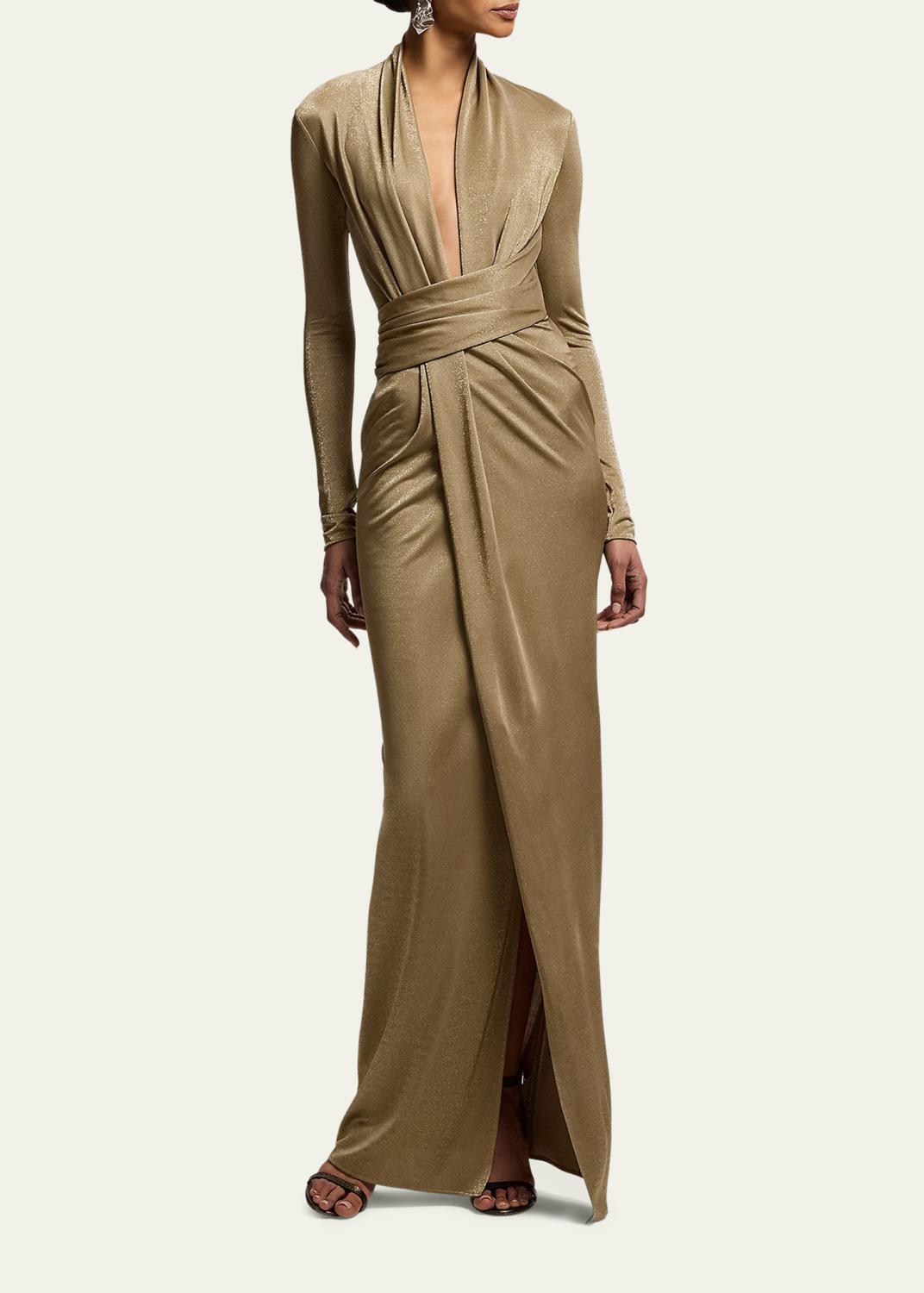 Ralph Lauren Collection Ashten Metallic Jersey Long-Sleeve Gown | Thumbnail 2