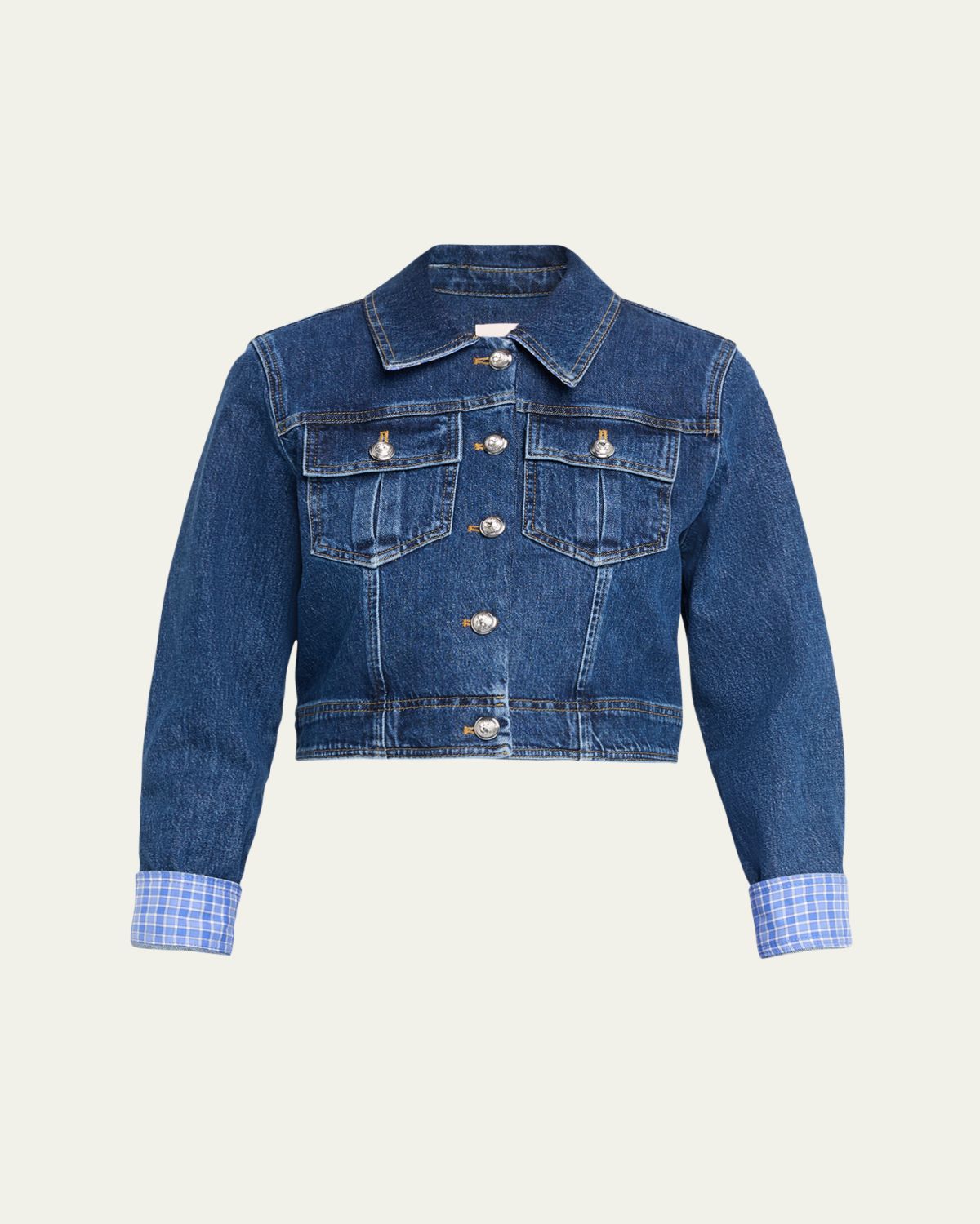 Cinq a Sept Lexie Gingham-Cuff Cropped Denim Jacket