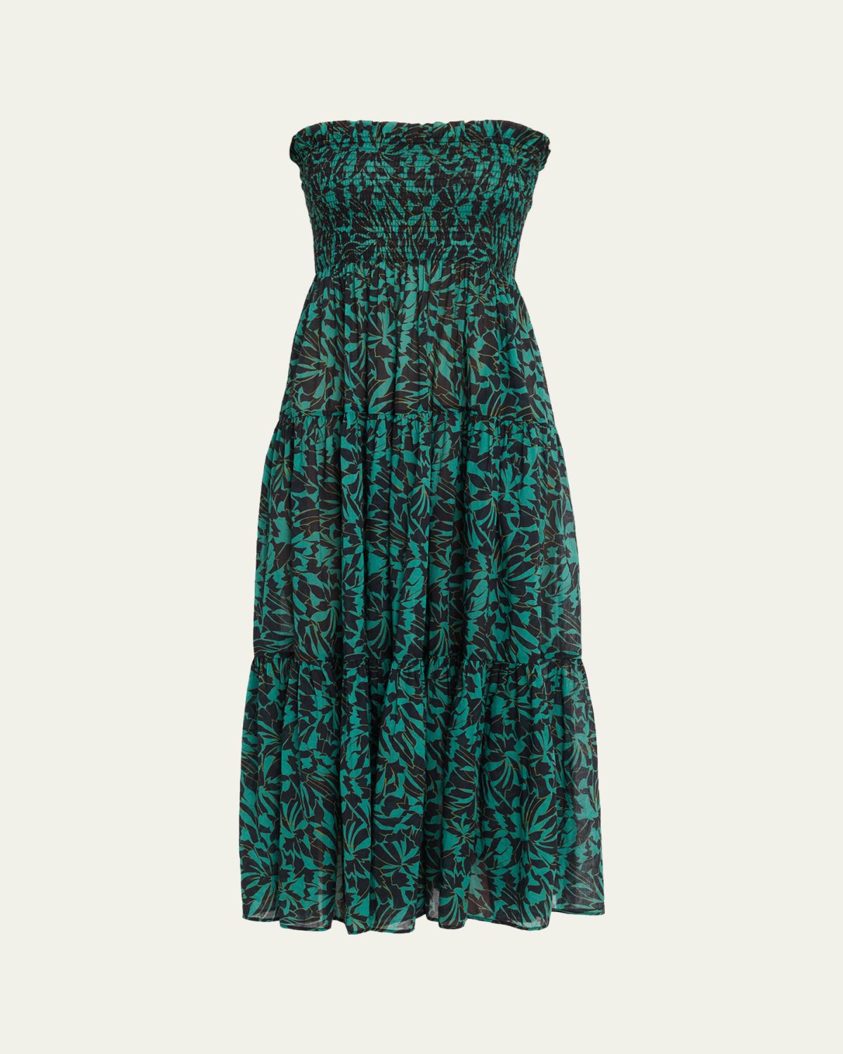 Ulla Johnson Lucca Smocked Strapless Midi Dress | Image 1 Ulla Johnson Lucca Smocked Strapless Midi Dress | Image 1