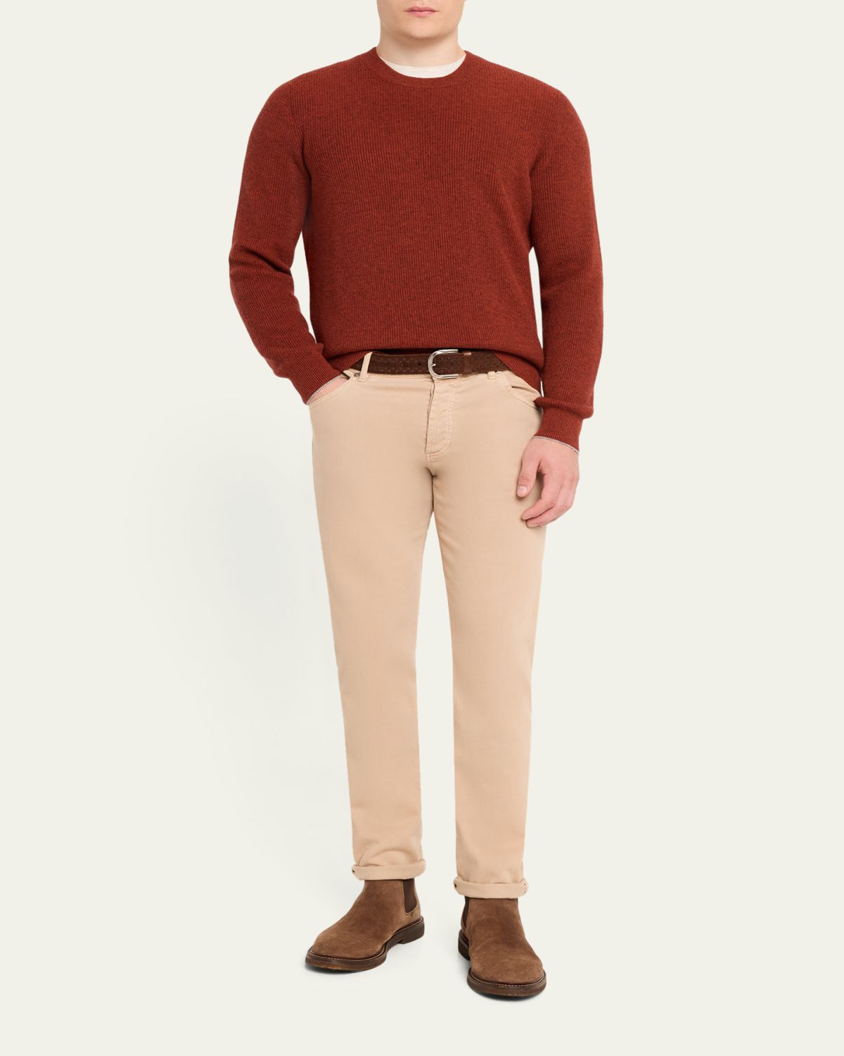Brunello Cucinelli Men's Crewneck English Rib Cashmere Sweater | Thumbnail 2 Brunello Cucinelli Men's Crewneck English Rib Cashmere Sweater | Thumbnail 2