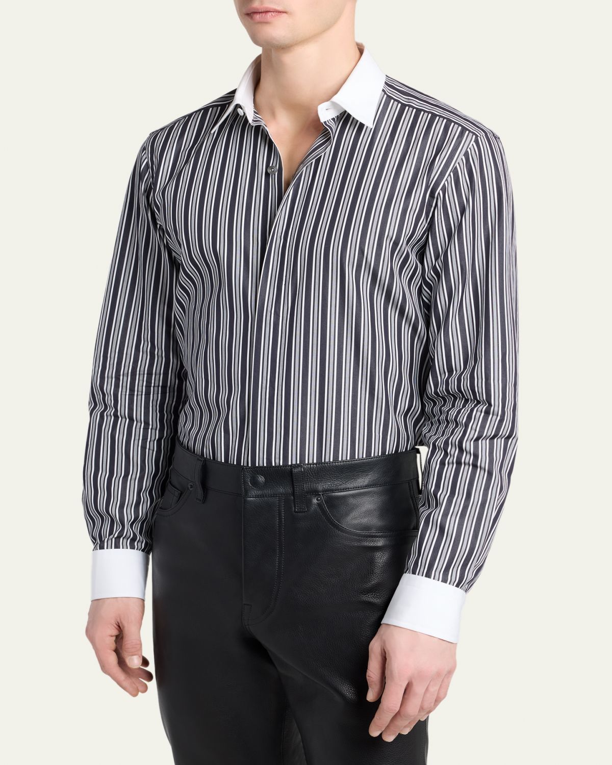 TOM FORD Men's Cotton Multi-Stripe Contrast-Trim Sport Shirt | Thumbnail 4
