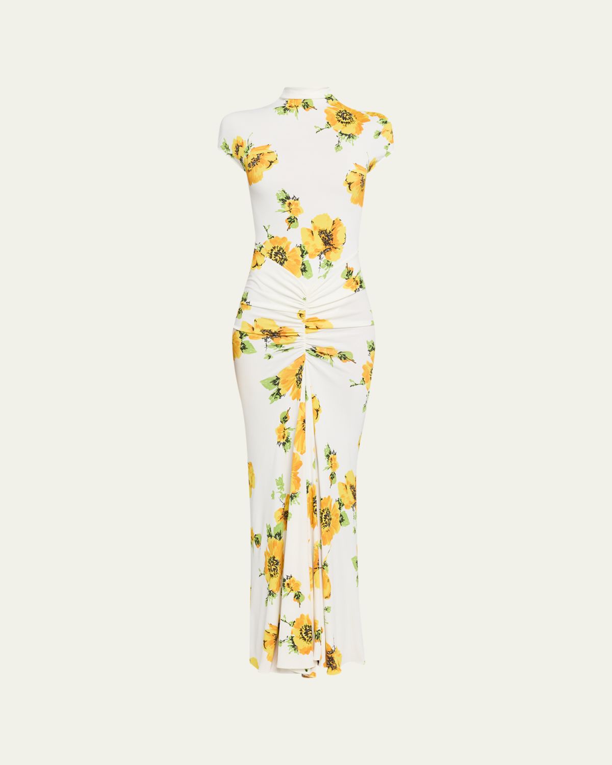 ALAÏA Mock-Neck Draped Floral Jersey Cap-Sleeve Maxi Dress | Thumbnail 6