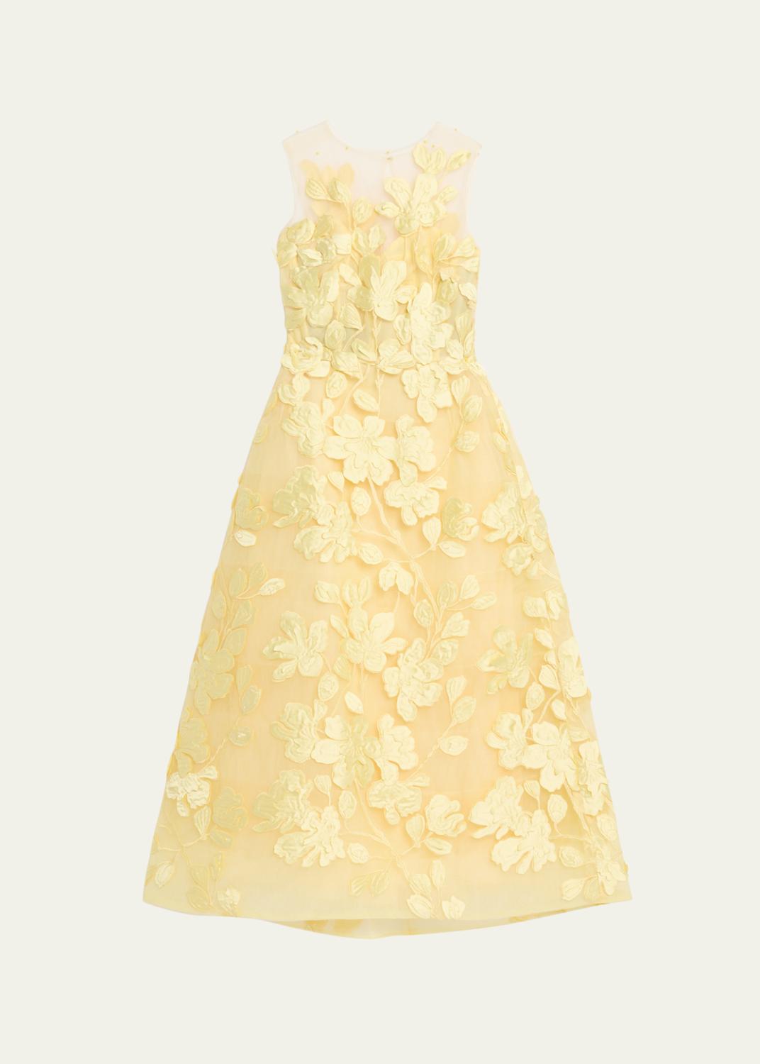 MONIQUE LHUILLIER Sleeveless Floral Tulle Illusion Tea-Length Dress