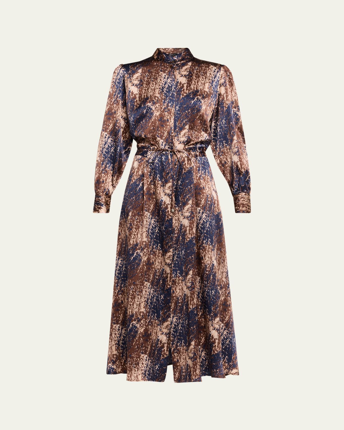 Kiton Long-Sleeve Abstract-Print Silk Drawstring Maxi Shirtdress