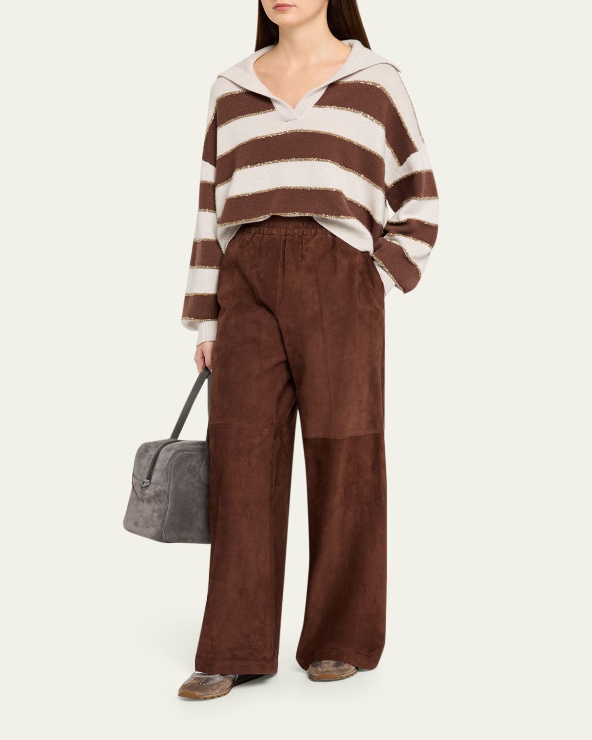 Brunello Cucinelli Suede Wide-Leg Pull-On Pants | Thumbnail 2