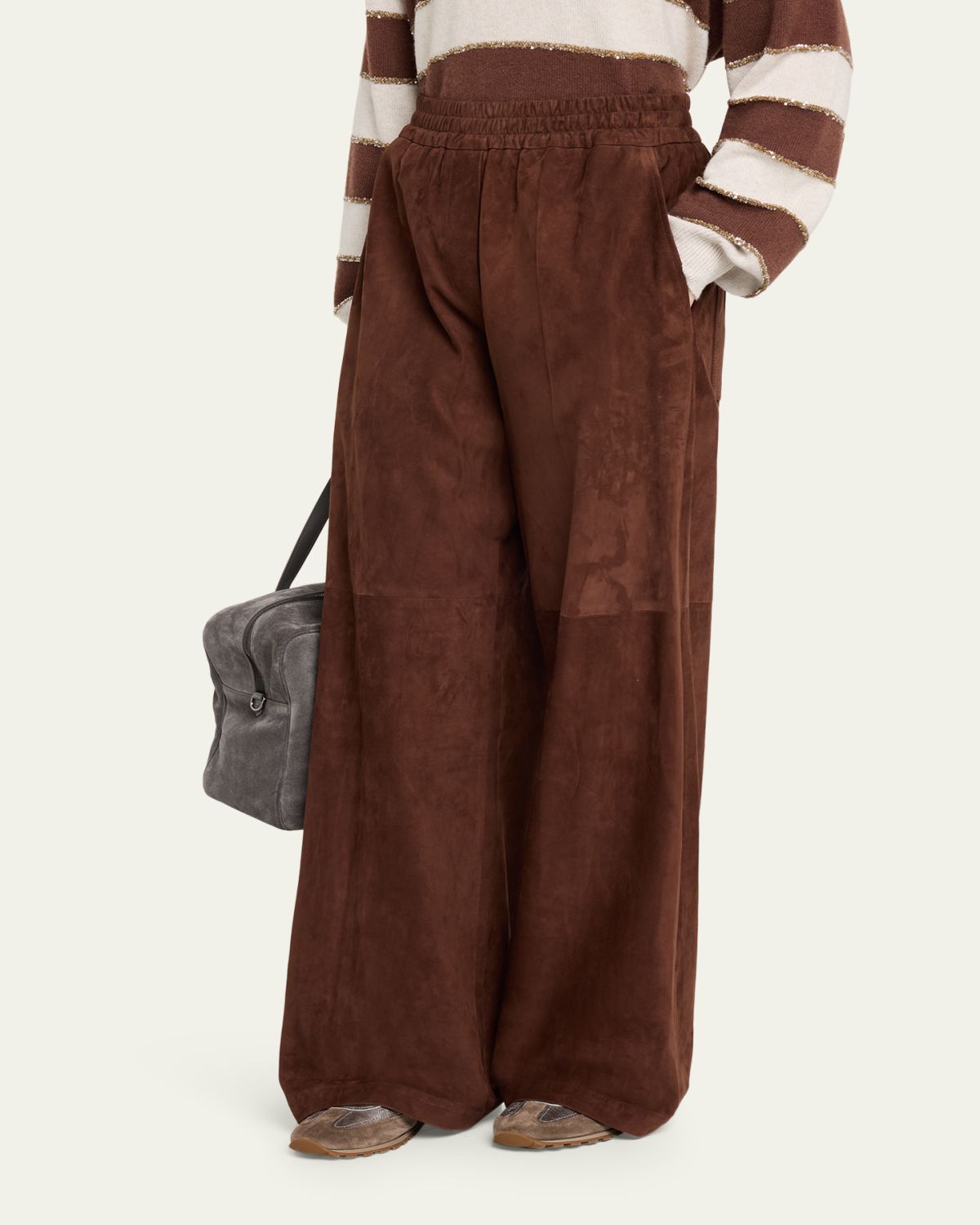 Brunello Cucinelli Suede Wide-Leg Pull-On Pants | Thumbnail 4