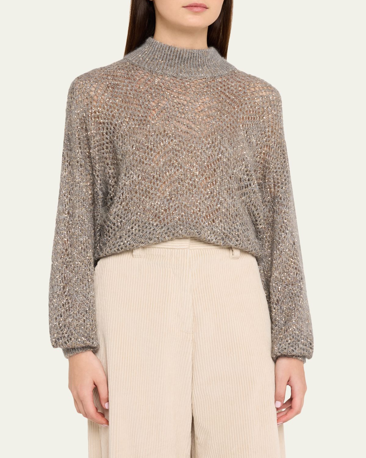 Brunello Cucinelli Airy Shimmer Open-Knit Mock Neck Sweater | Thumbnail 4 Brunello Cucinelli Airy Shimmer Open-Knit Mock Neck Sweater | Thumbnail 4