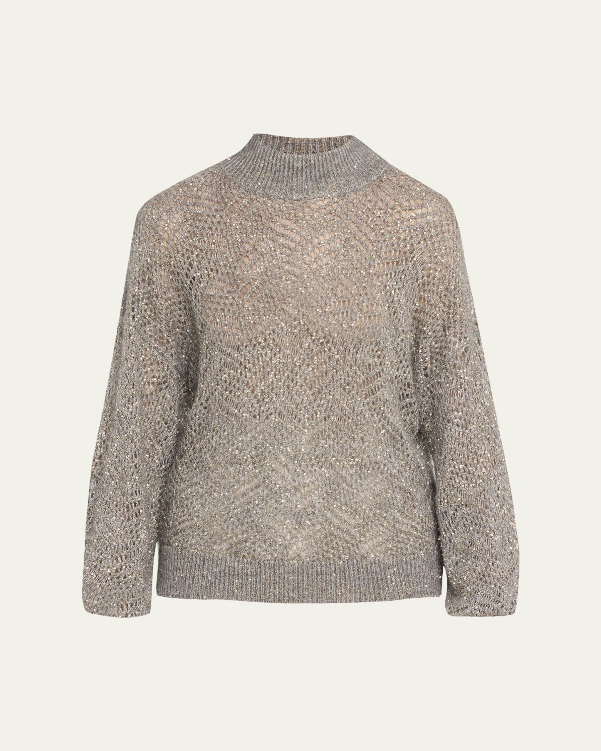 Brunello Cucinelli Airy Shimmer Open-Knit Mock Neck Sweater | Thumbnail 1 Brunello Cucinelli Airy Shimmer Open-Knit Mock Neck Sweater | Thumbnail 1