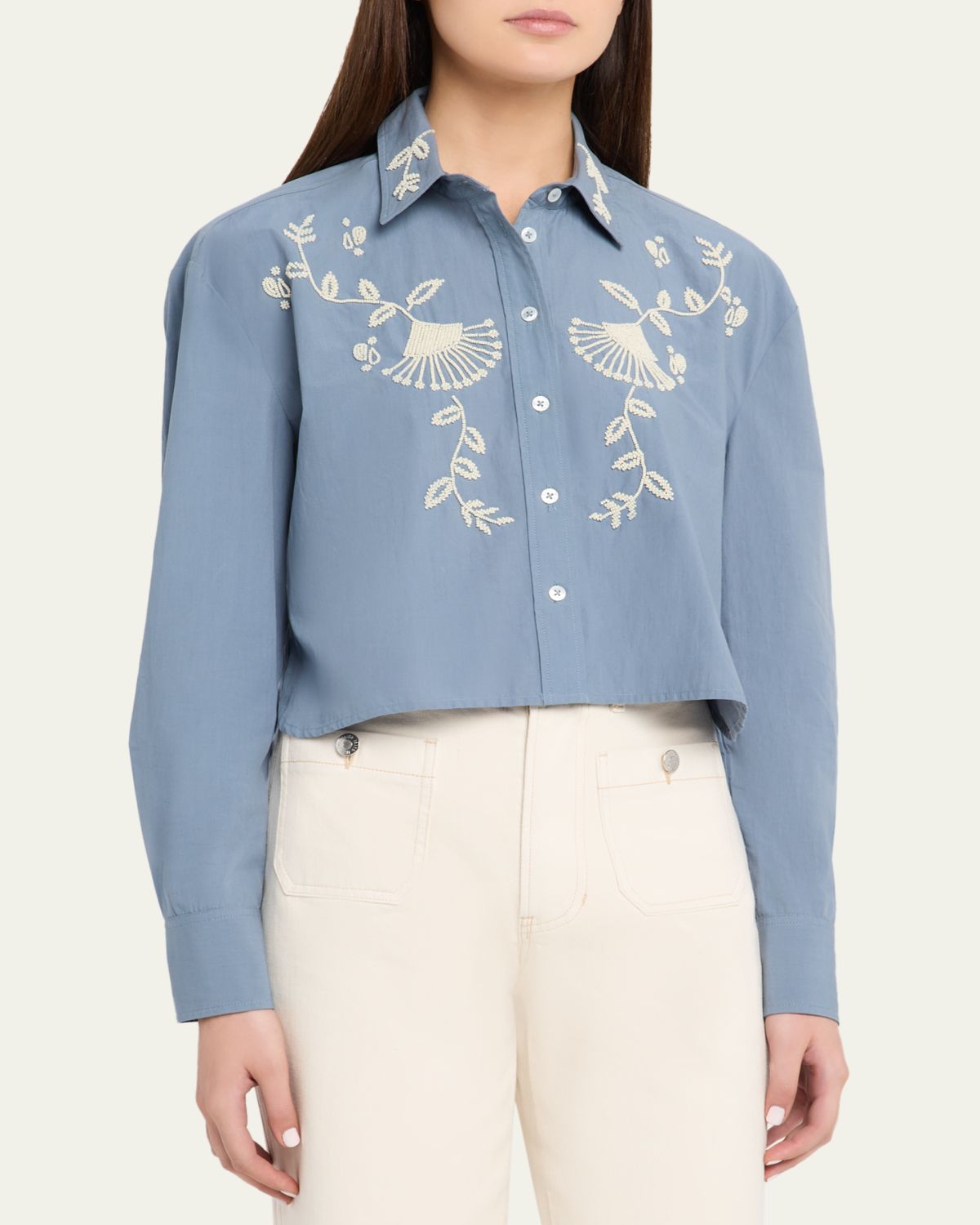 Veronica Beard Aderes Embroidered Cropped Cotton Shirt | Thumbnail 4