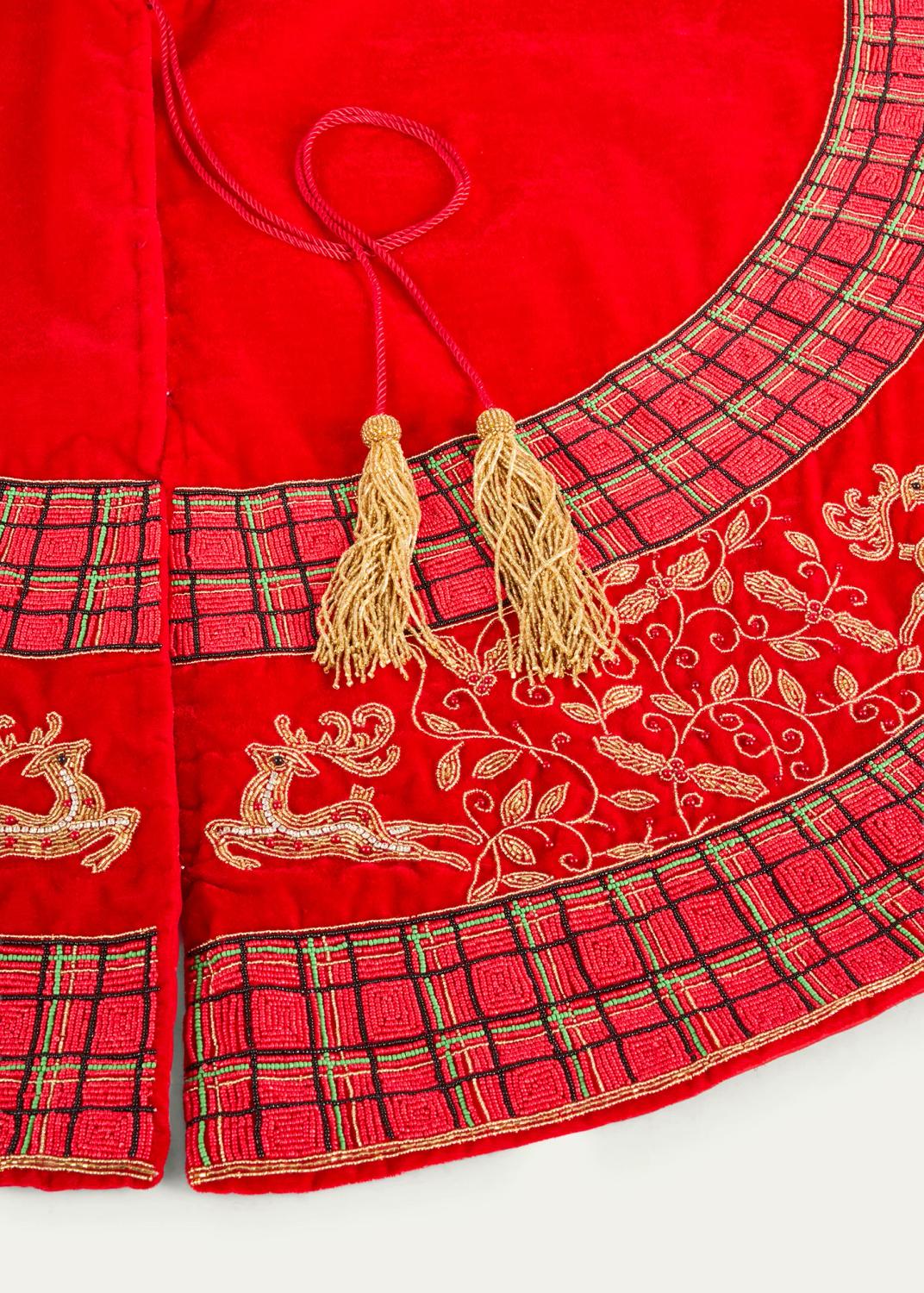 Sudha Pennathur 60" Velvet Tree Skirt with Beaded & Plaid Border | Thumbnail 2