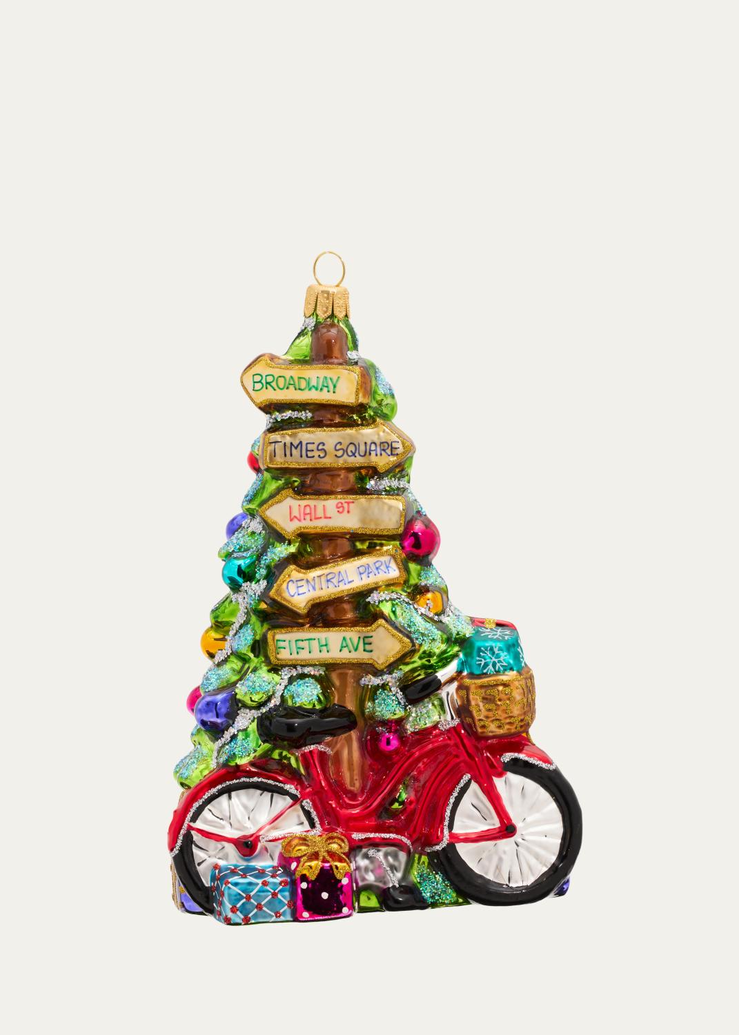 John Huras NYC Signpost with Christmas Tree and Bike Christmas Ornament