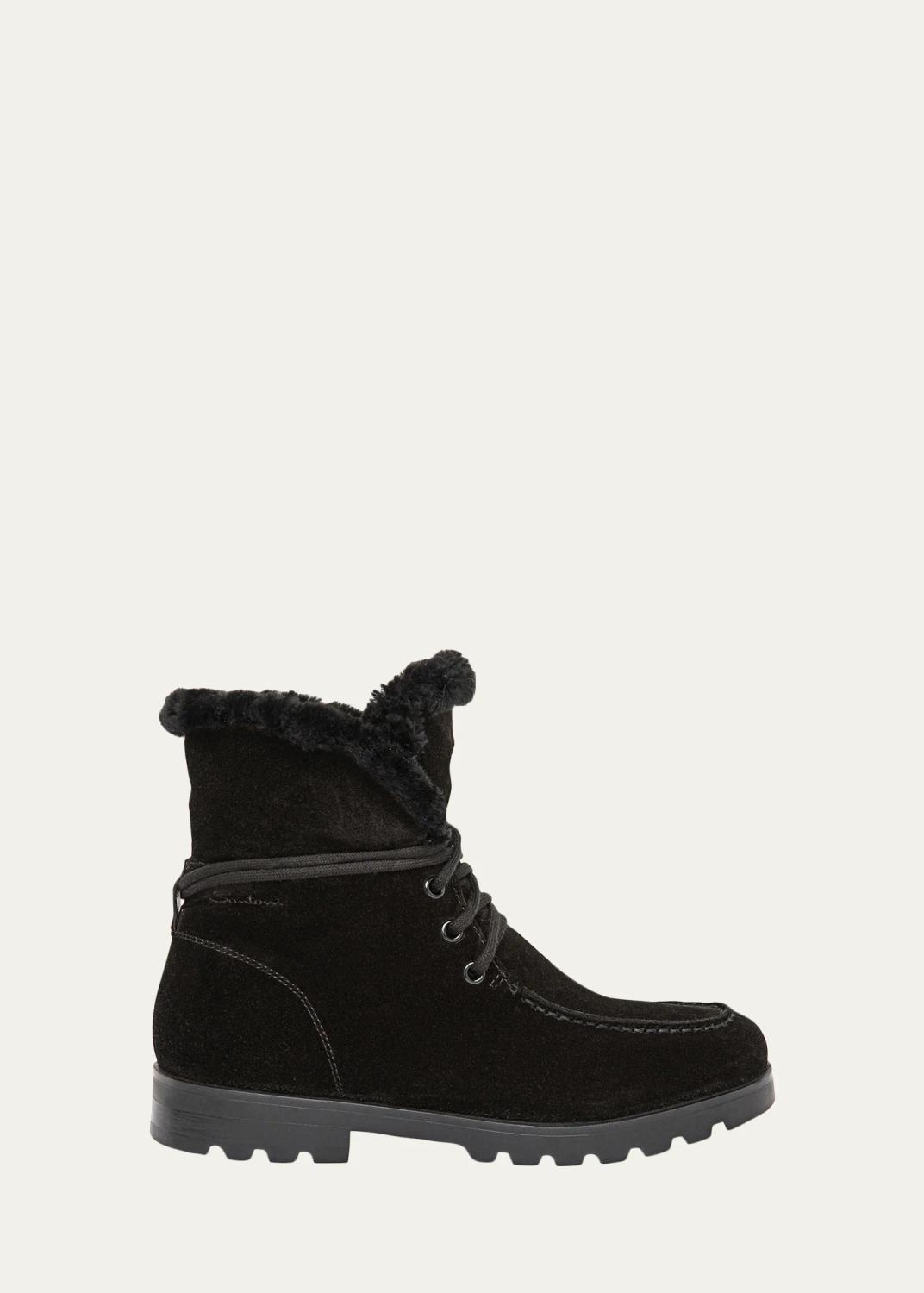 Santoni Shearling-Lined Suede Lace-Up Boots