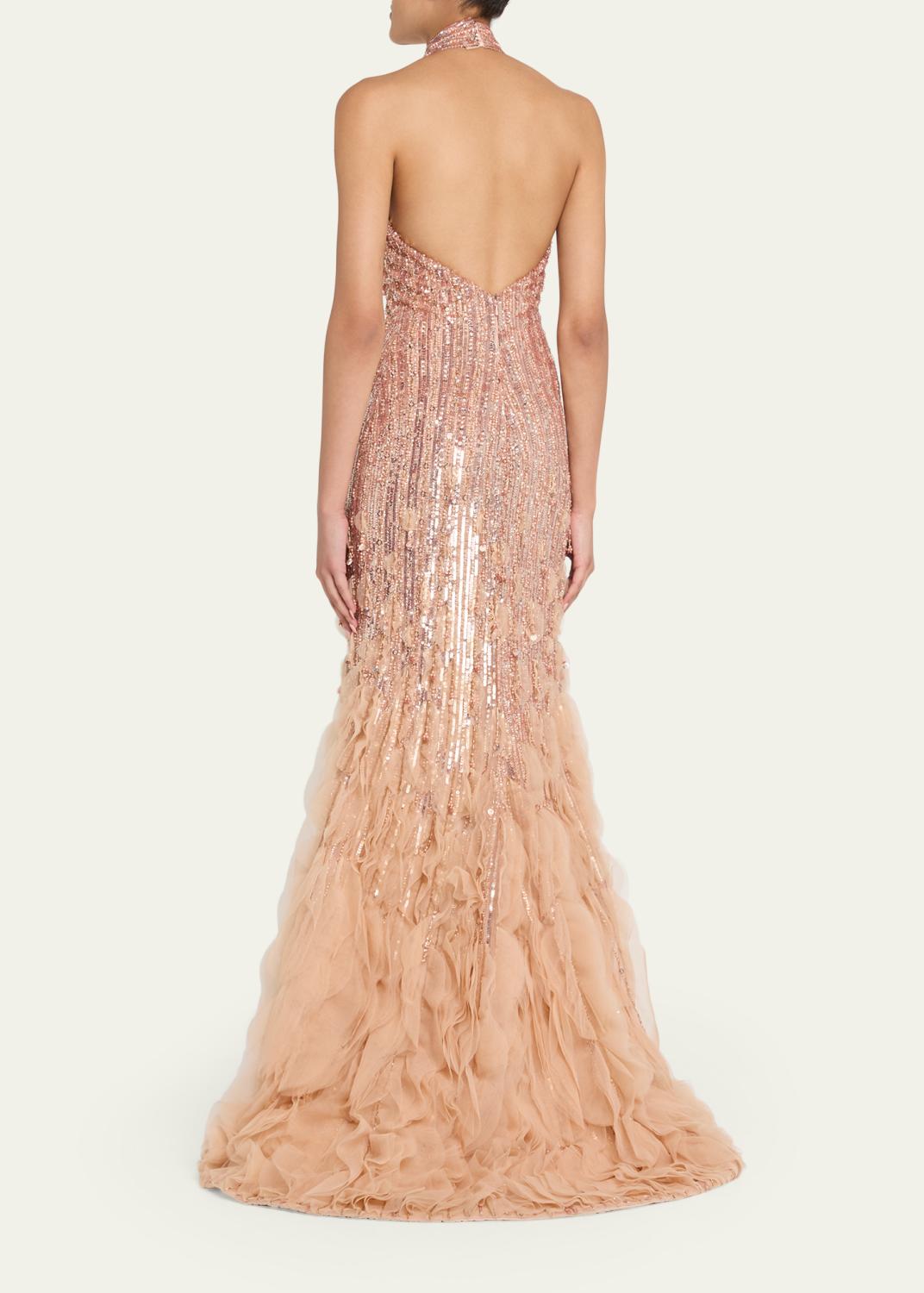 Pamella Roland Degrade Beaded Tulle Ruffle Halter Gown | Thumbnail 3