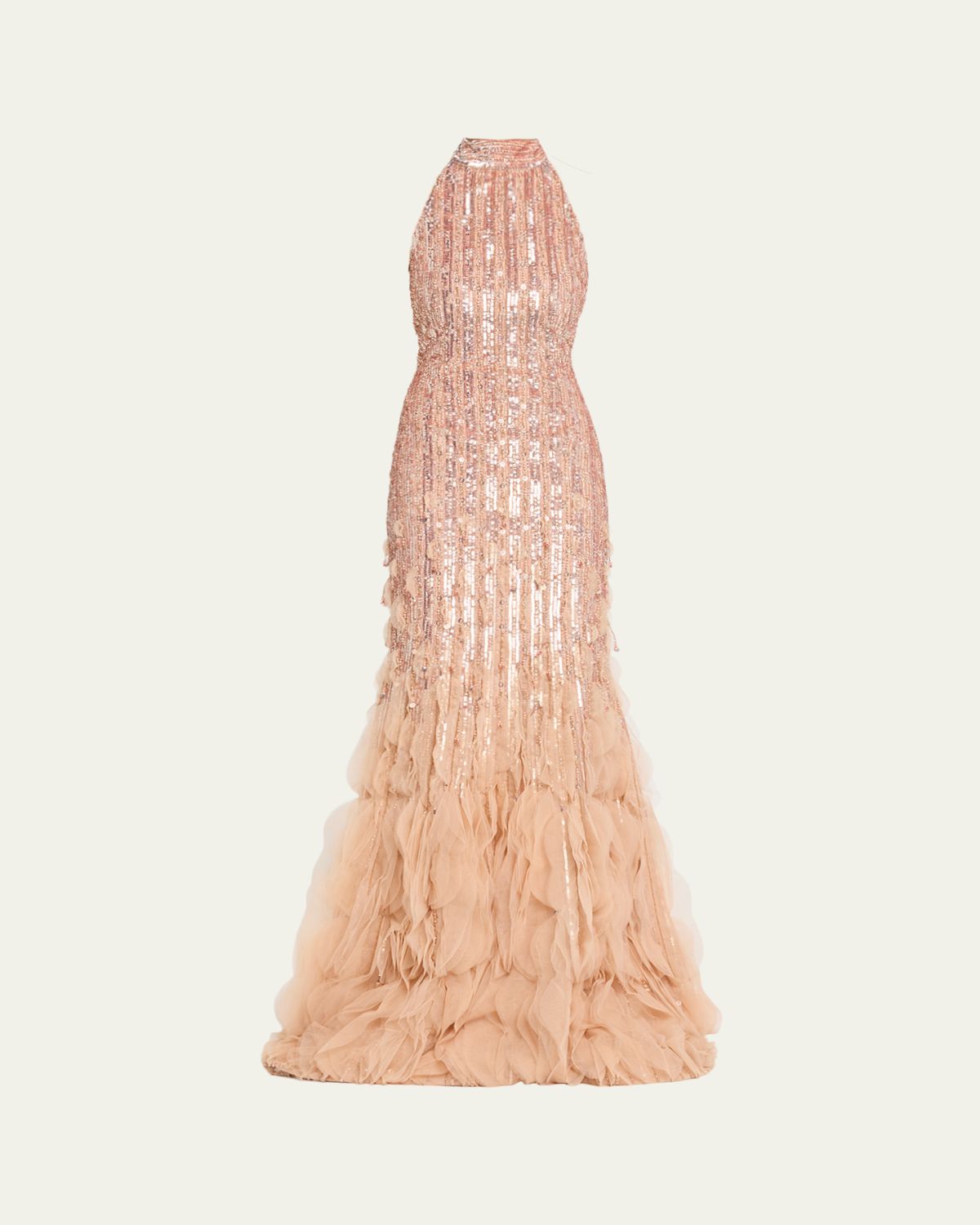 Pamella Roland Degrade Beaded Tulle Ruffle Halter Gown
