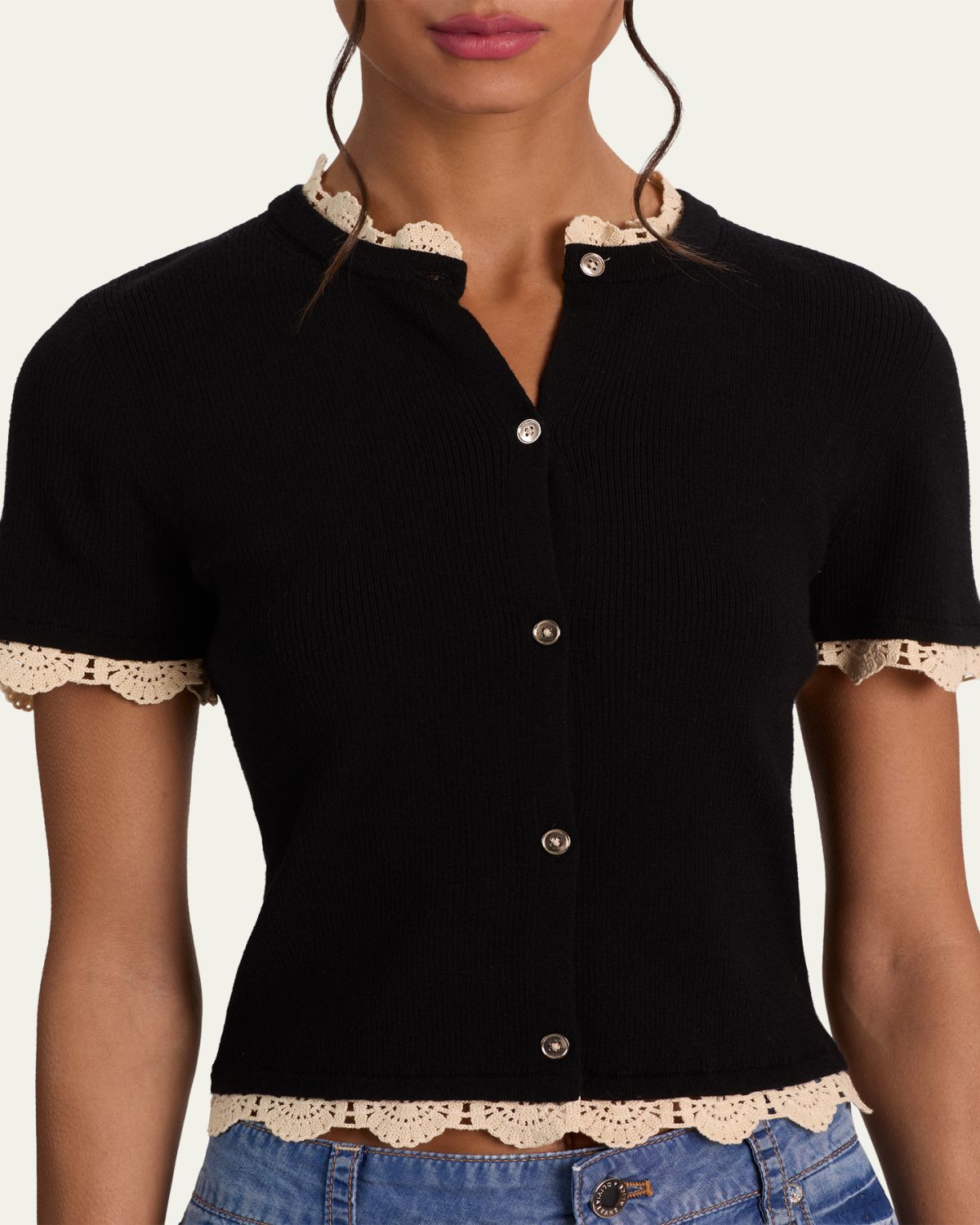 ALICE + OLIVIA Ciara Crochet-Trim Ribbed Cardigan | Thumbnail 9 ALICE + OLIVIA Ciara Crochet-Trim Ribbed Cardigan | Thumbnail 9