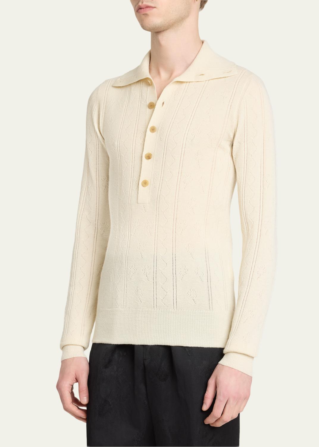 Dries Van Noten Men's Fine Wool and Cotton Pointelle Polo Sweater | Thumbnail 4
