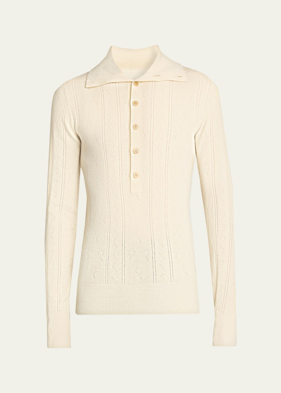 Dries Van Noten Men's Fine Wool and Cotton Pointelle Polo Sweater