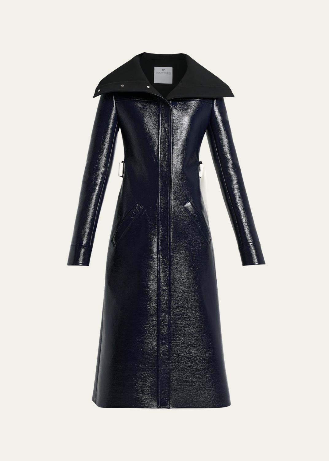 High-Collar Shiny Vinyl Long Trench Coat