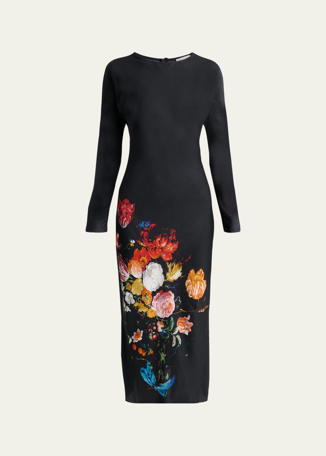 Floral Print Satin Long-Sleeve Midi Dress Floral Print Satin Long-Sleeve Midi Dress